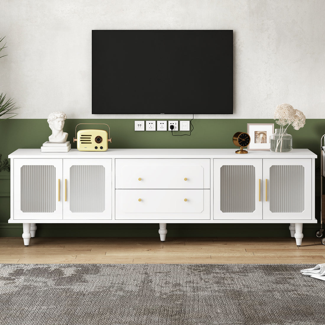 Retro Design Tv Stand With Fluted Glass Doors For Tvs Up To 78'', Practical Media Console With 2 Drawers And Cabinets, Elegant Entertainment Center For Living Room, White White Primary Living Space 70 79 Inches 70 79 Inches Particle Board