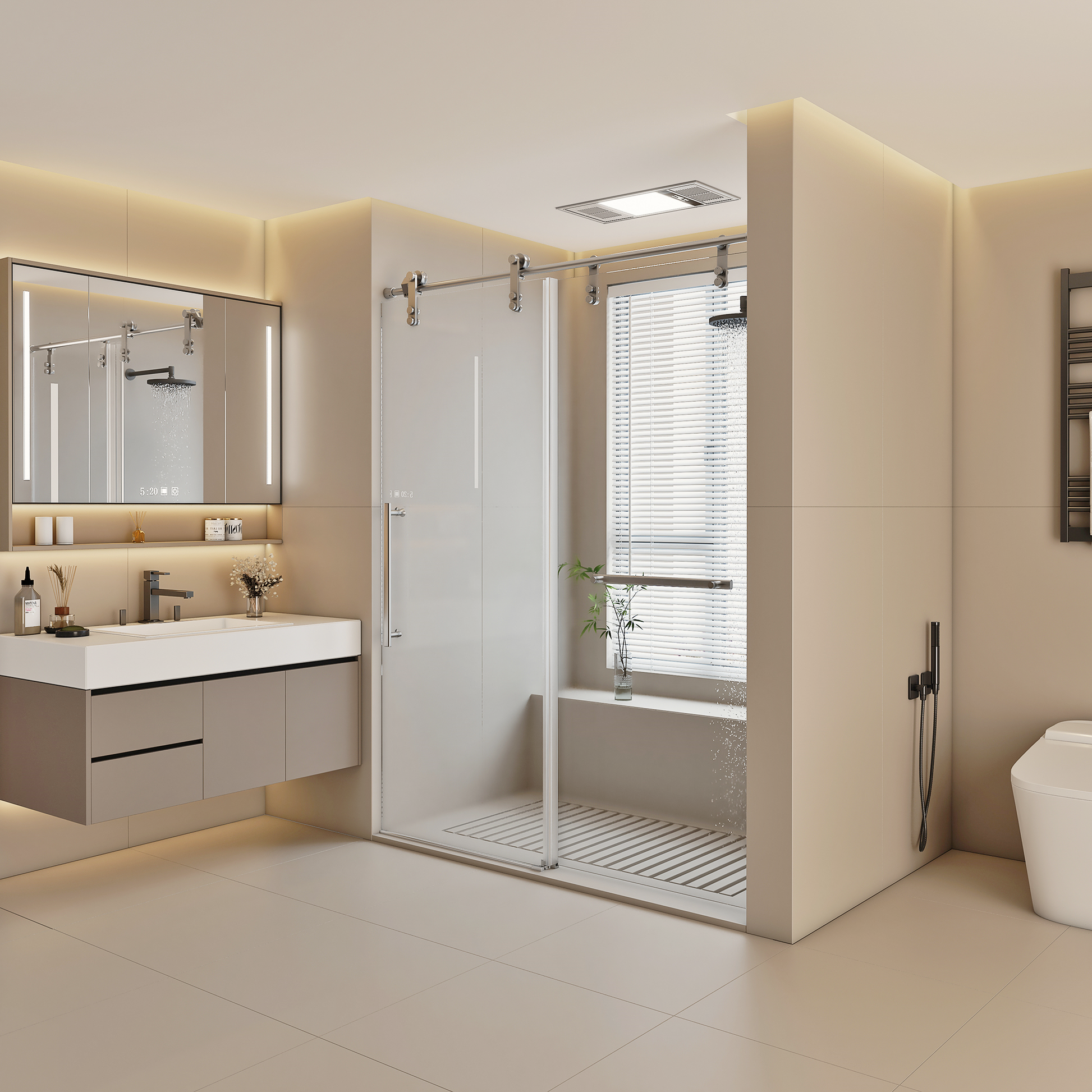 56" 60" W X 76" H Frameless Shower Door, Single Sliding Shower Door, 5 16" 8Mm Clear Tempered Glass Shower Door Explosion Proof Film, Stainless Steel Hardware, Chrome 23D01 60C Silver Tempered Glass