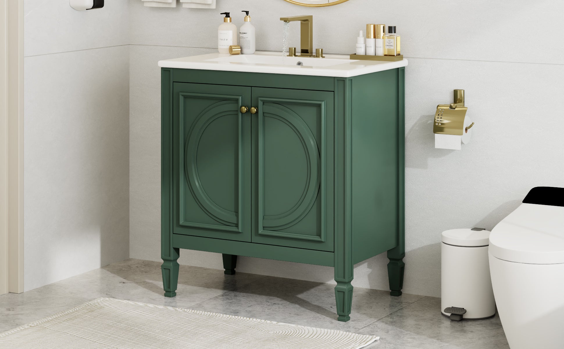 30" Bathroom Vanity With Sink, Two Doors With Shelf, Soft Close Door Hinges, Vintage Style, Green Green Ceramic Mdf,Rubber Wood