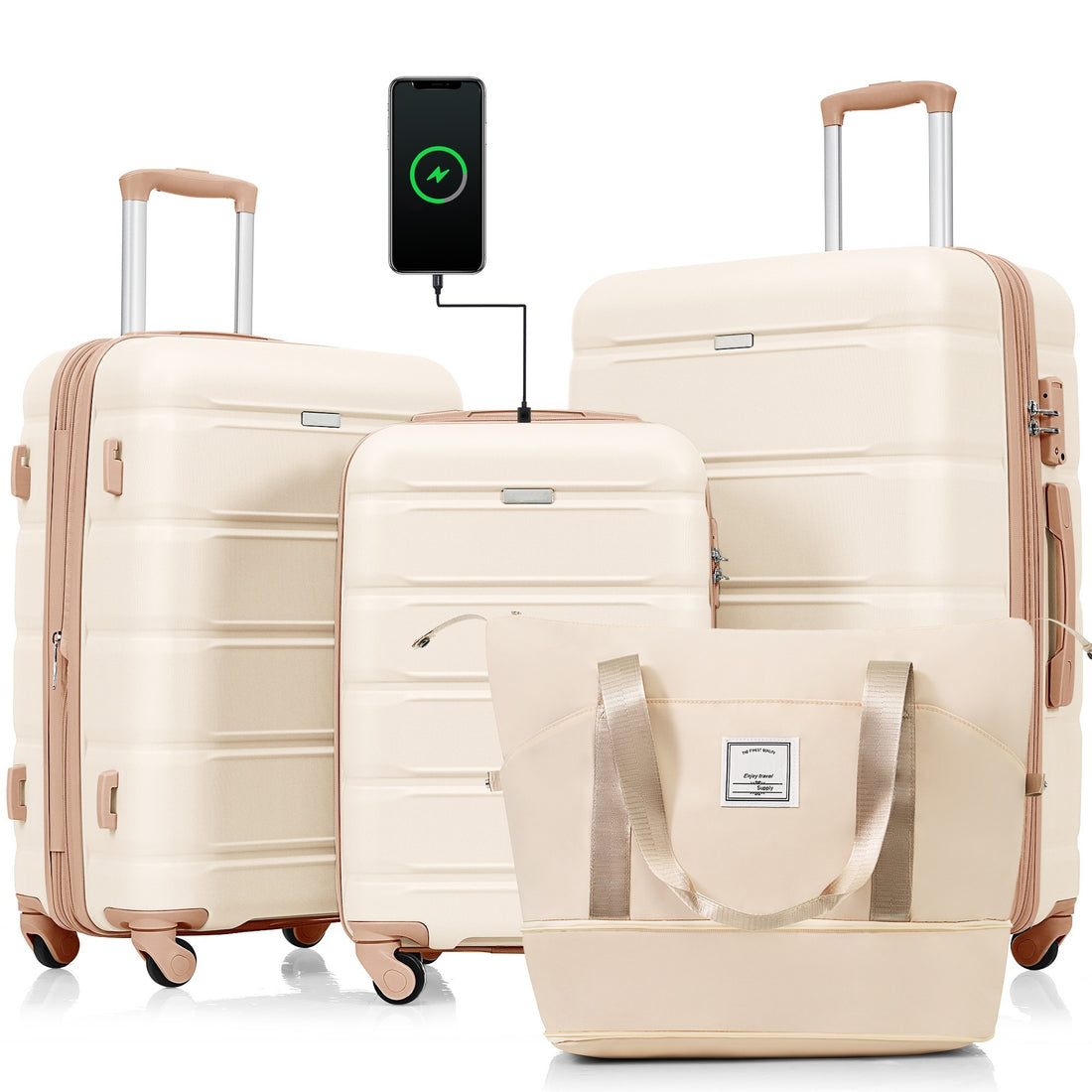 Luggage Sets 4 Piece, 20 Inch With Usb Port, Expandable Abs Durable Suitcase With Travel Bag, Cup Holder, Abs Hard Shell Luggage With Spinner Wheels, Beige And Golden Beige Gold Abs