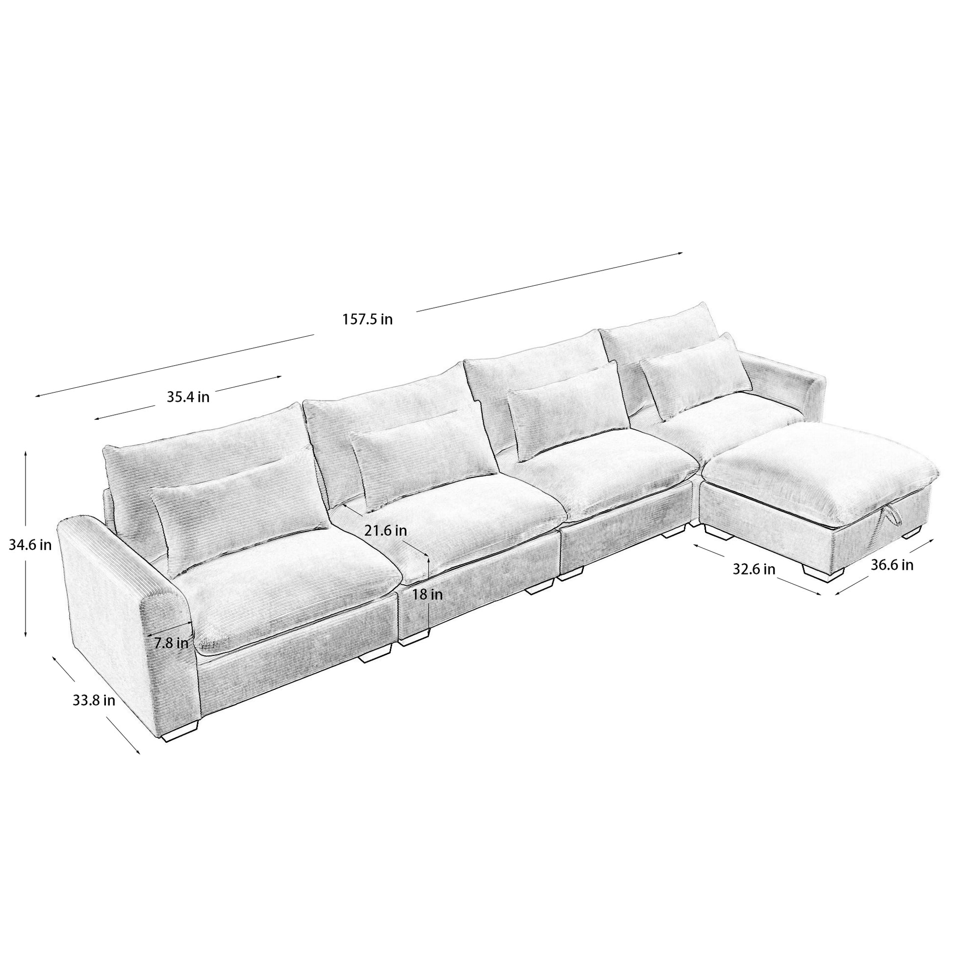 Large L Shape Sectional Corduroy Sofa,Deep Seat Couch With Storage Footstool And 4 Waist Pillows, Green Green Corduroy 4 Seat