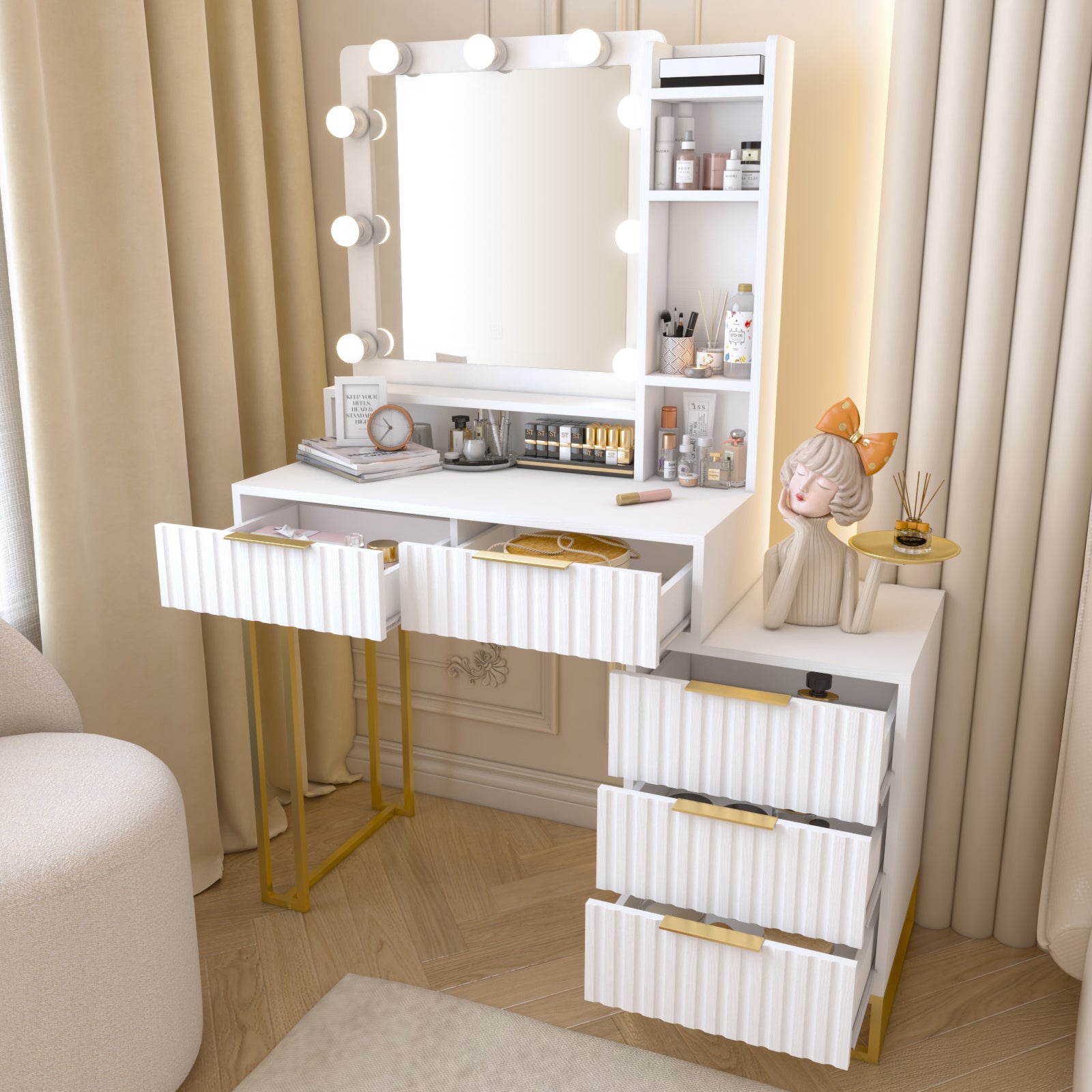 Makeup Vanity Desk With Mirror And Lights, Vanity Table, 5 Drawers, Side Cabinet, Storage Shelves For Bedroom, White White Drawer 5 Drawers & Above Bedroom Extra Deep Drawers Mdf