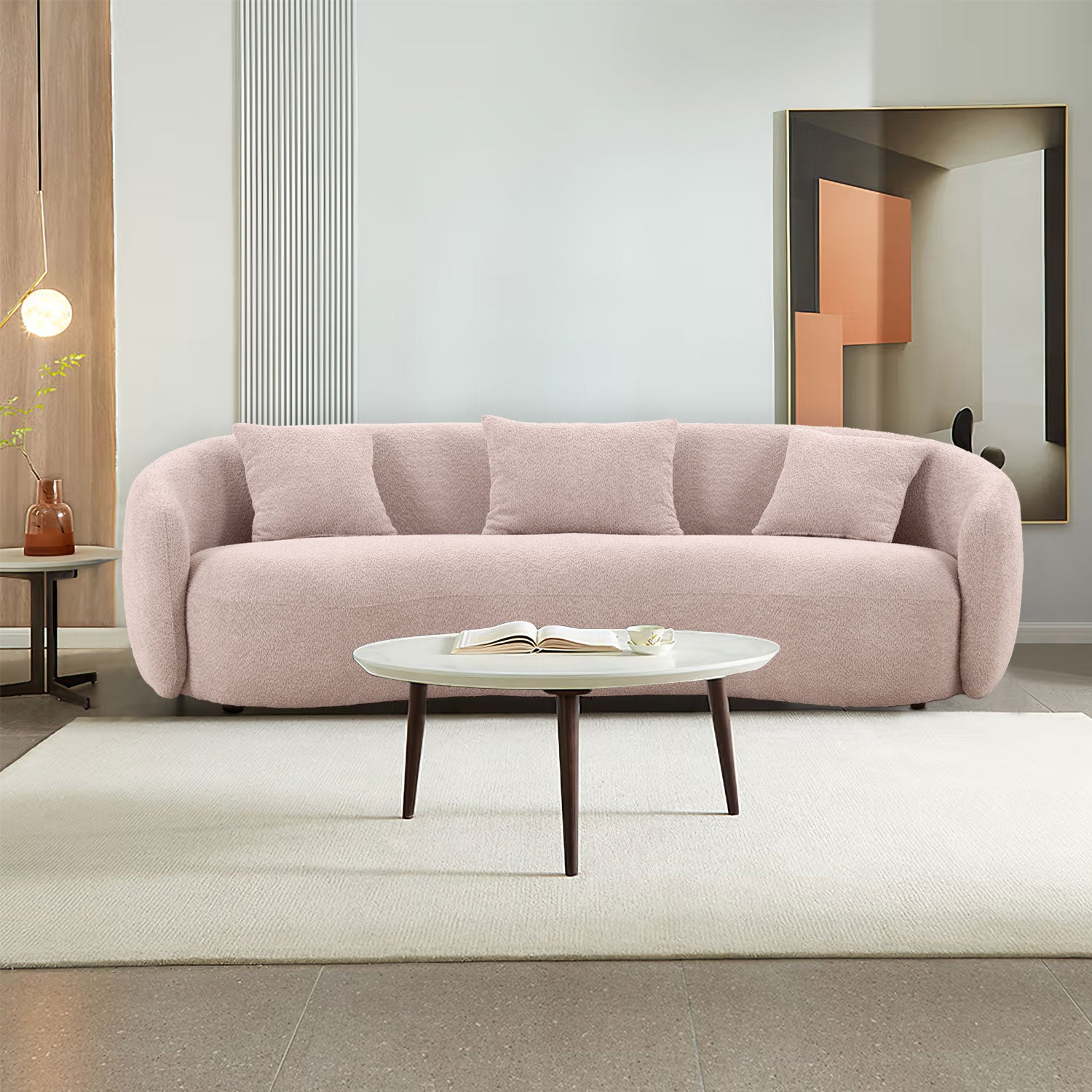 93.6'' Mid Century Modern Curved Living Room Sofa, 4 Seat Boucle Fabric Couch For Bedroom, Office, Apartment,Pink Baby Pink Boucle 3 Seat