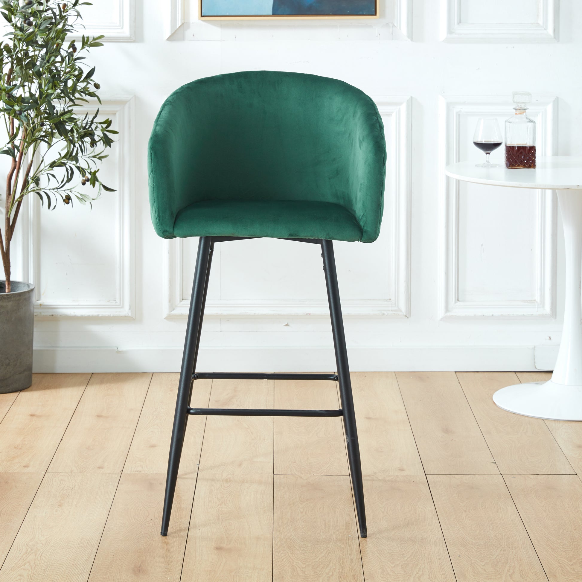Counter Height Bar Stool, Set Of 2, Black Metal Legs, Velvet Upholstered For Pub, Restaurant, Kitchen Island Green Green Fabric Metal