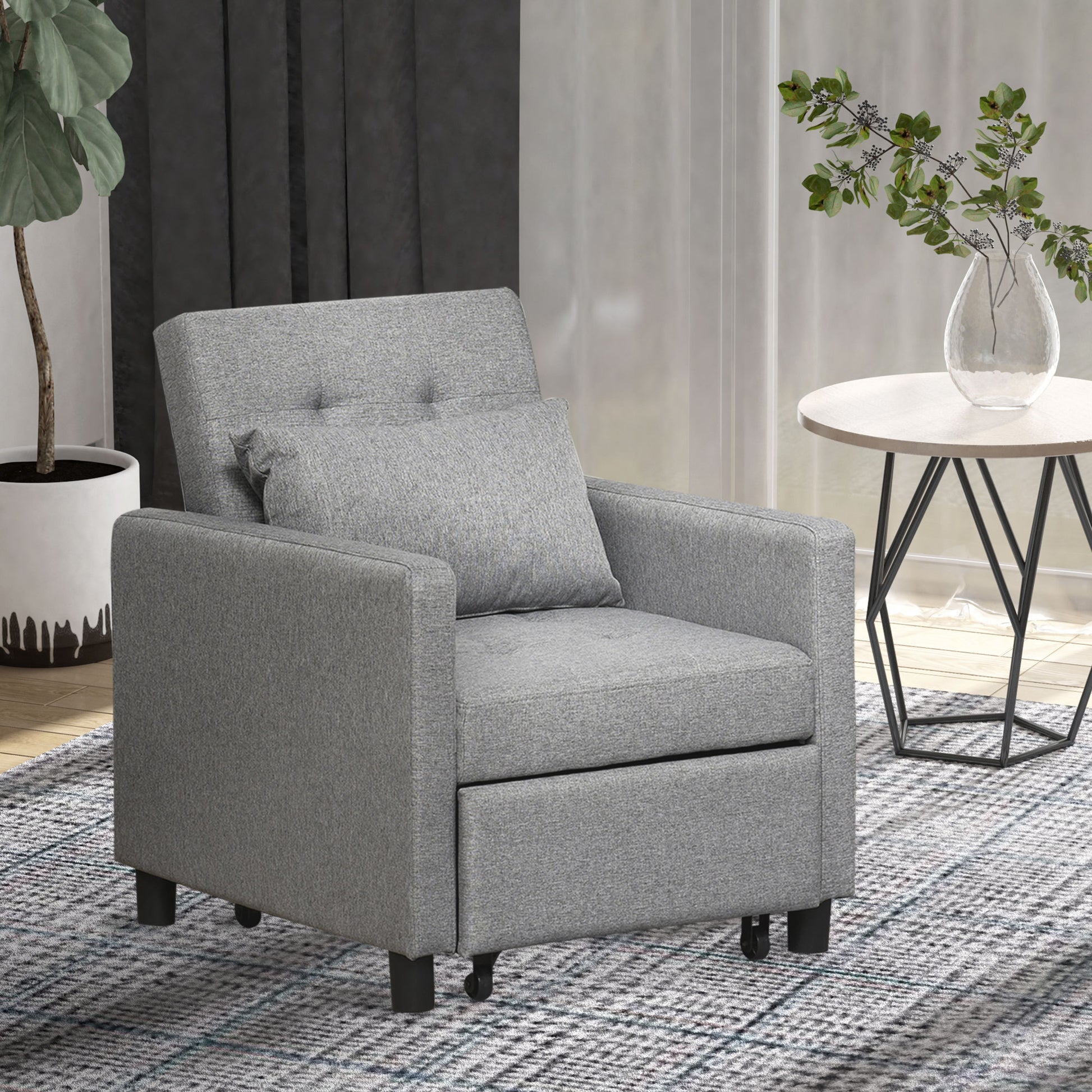 Homcom Convertible Sofa Lounger Chair Bed Multi Functional Sleeper Recliner With Tufted Upholstered Fabric, Adjustable Angle Backrest, And Pillow, Grey Grey Plastic 1 Seat