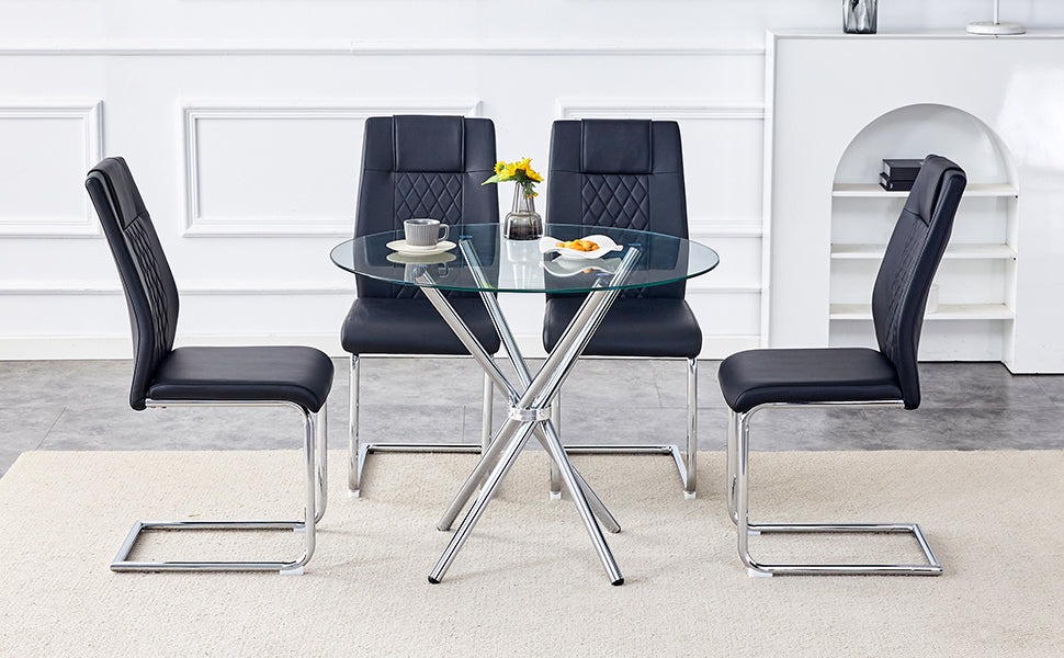 Table And Chair Set.36.6"Round Clear Glass Dining Table With A Unique Shape With Ring Shaped Gathered Silver Metal Legs.Paired With 4 Black High Quality Pu Dining Chairs With Silver Metal Legs.