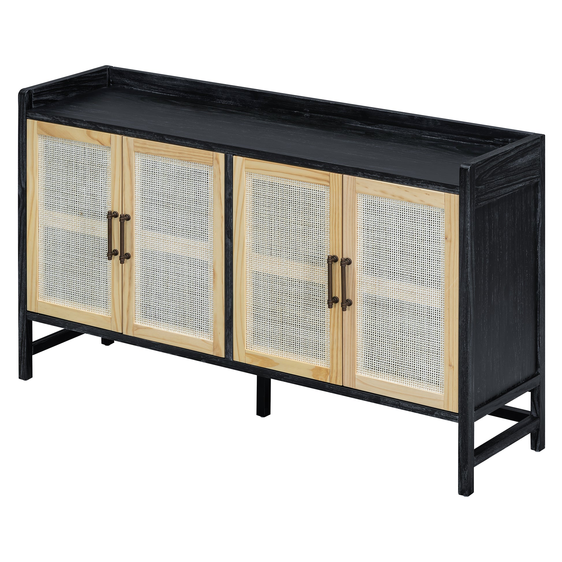 Sideboard Rustic Buffet Cabinet, Sideboard Cabinet With Decorative Rattan Doors, Buffet Cabinet With Storage For Entryway Dining Room Kitchen Living Room, Black Natural Black Natural Mdf