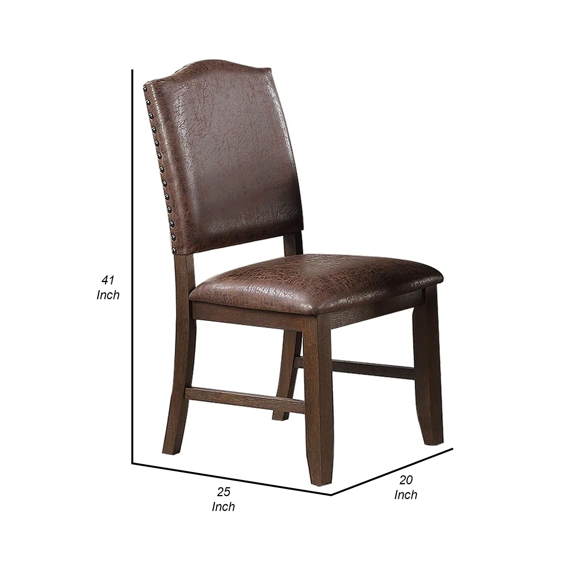 Maci 25 Inch Dining Chair, Set Of 2, Trim, Faux Leather, Brown Brown Solid Wood