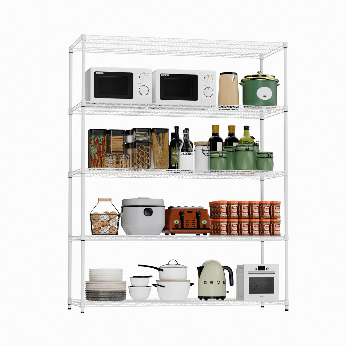 Warehouse, Supermarket, Kitchen, And Other 5 Layer Heavy Duty Adjustable Shelves With Wheels And Adjustable Feet, Each Metal Frame Bearing 300 Pounds. 59.45 "L 24.02 "W 71.65 "H,White White Steel