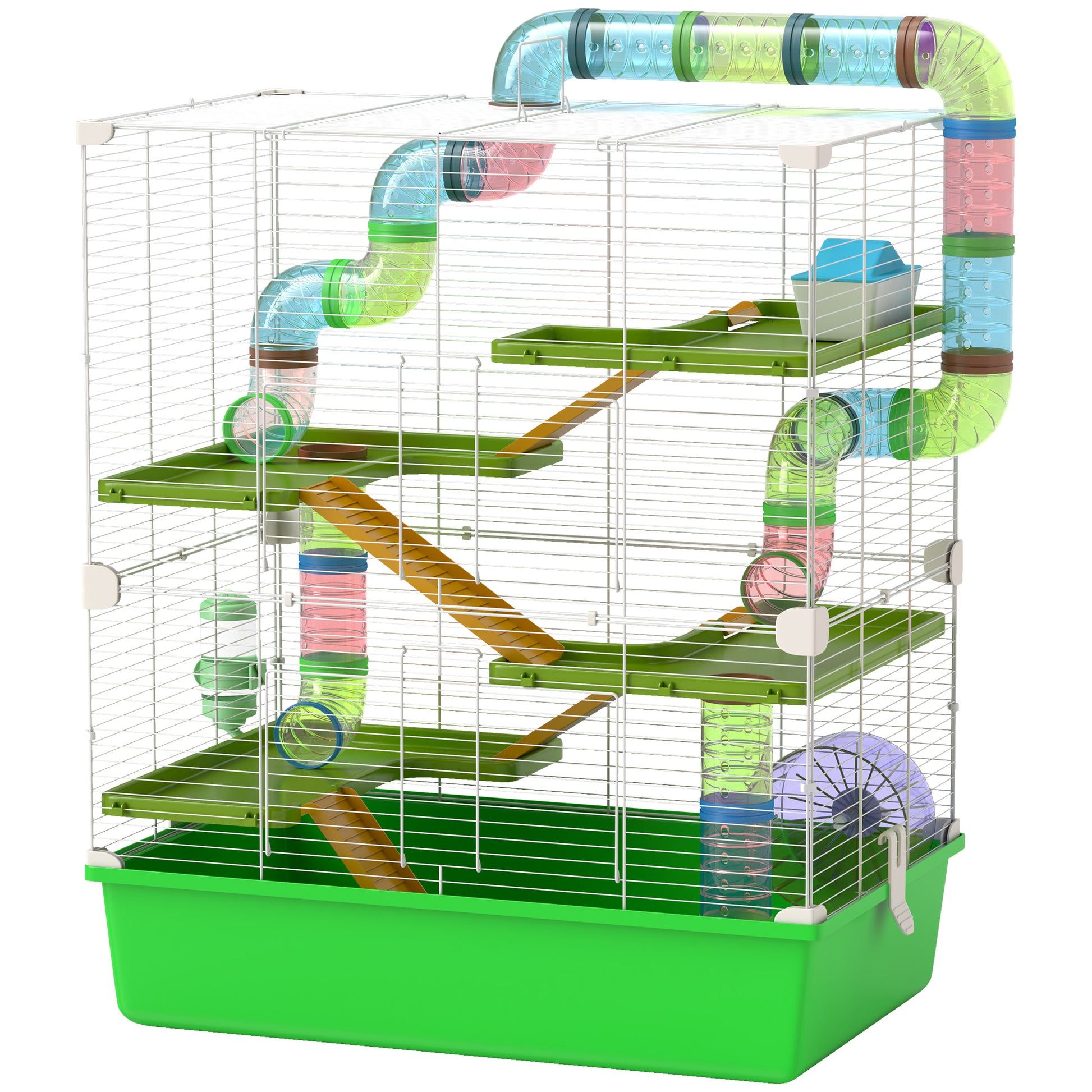 Pawhut Extra Large 23" Hamster Cage With Tubes And Tunnels, Portable Carry Handles, Rat House And Habitats Big 5 Tier Design, Mouse Cage Includes Exercise Wheel, Water Bottle, Food Dish, Green Green