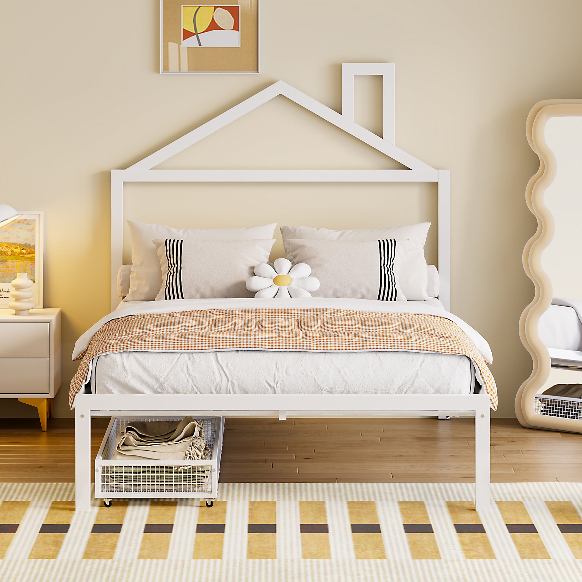 Full Size Metal Platform Bed With Two Drawers,House Shaped Headboard Design, White Full White Metal