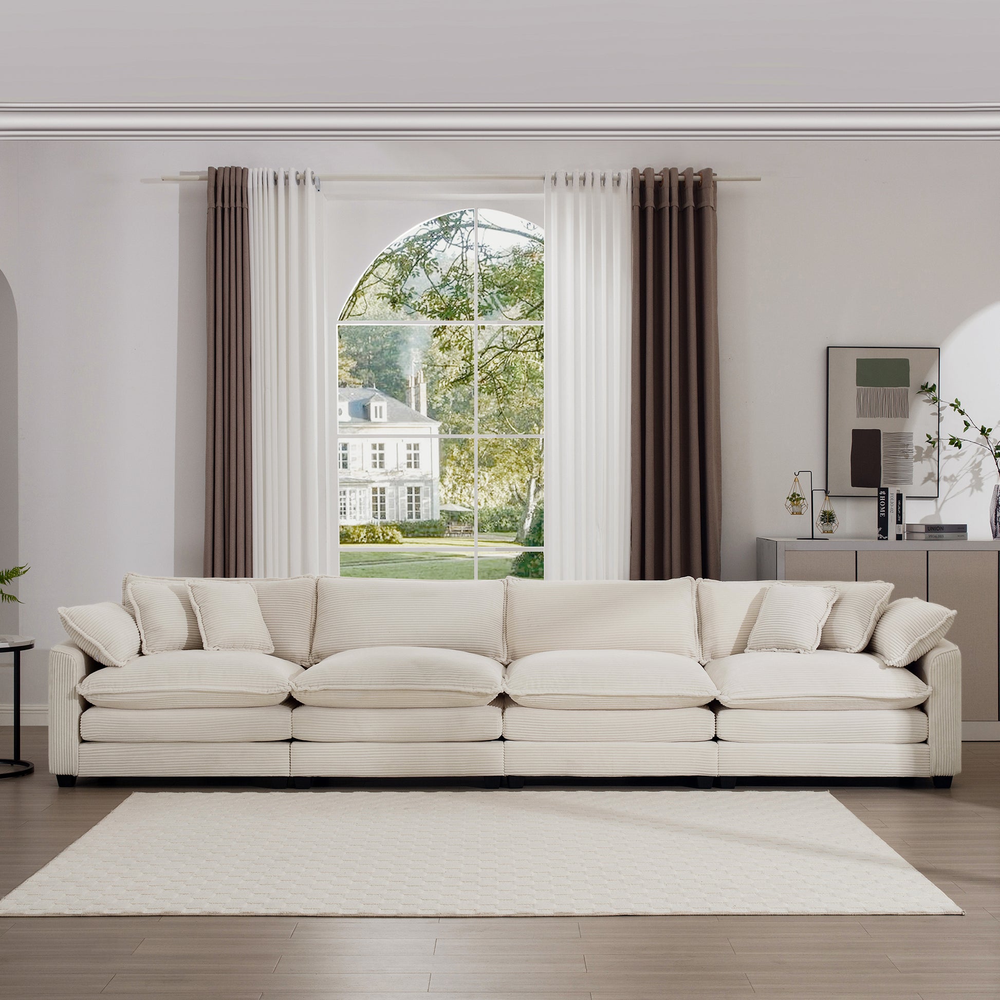 Modern Upholstered 4 Seater Fabric Sofa With Comfortable Back Cushions, Seat Cushions And Pillows, Light Beige Corduroy Sofa Beige Corduroy 4 Seat