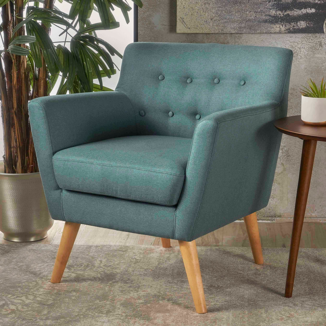 Club Chair, Mid Century Modern Fabric Club Chair, Dark Teal Natural Teal Fabric