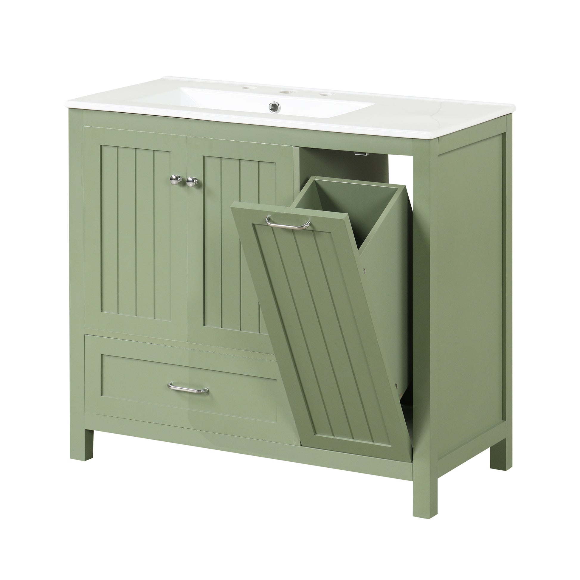 36" Bathroom Vanity With Sink, One Cabinet With Two Doors And One Big Drawer And One Flip Drawer, Solid Wood And Mdf Board, Green Green Solid Wood Mdf