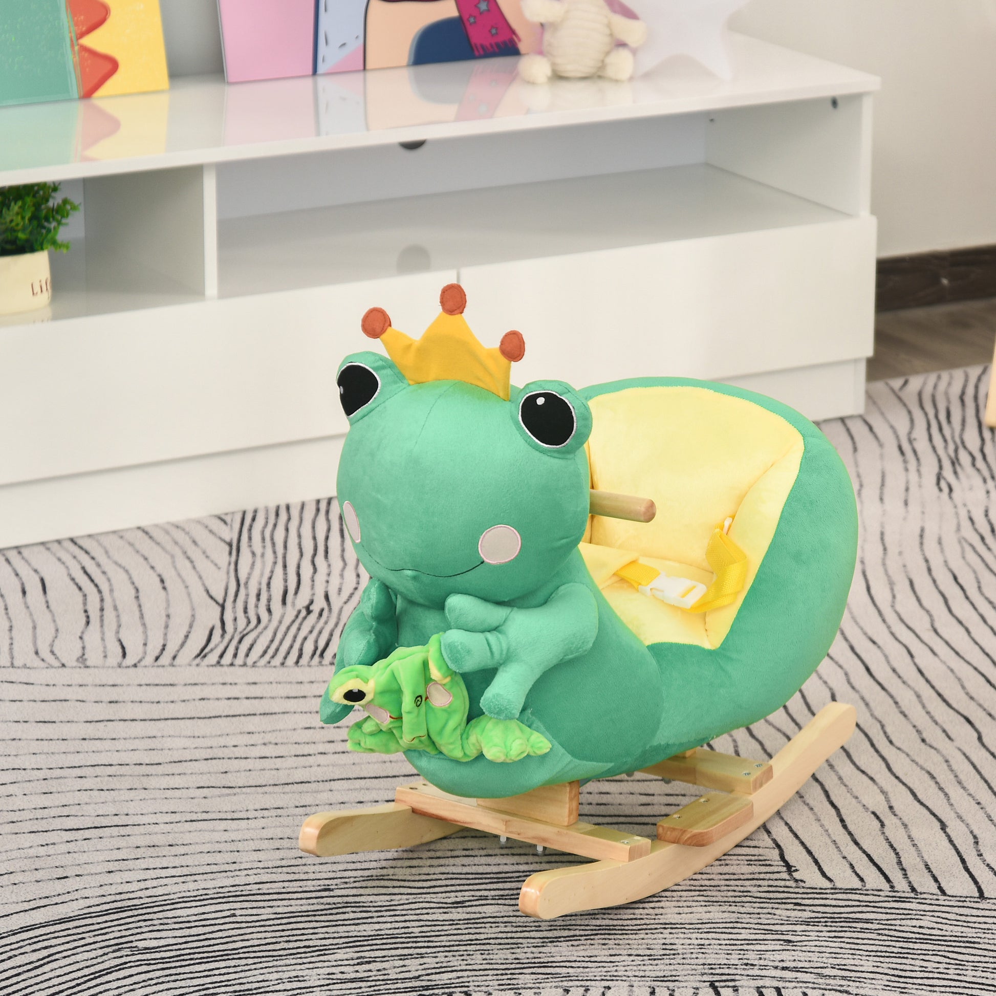 Qaba Kids Ride On Rocking Horse Toy Frog Style Rocker With Fun Music, Seat Belt & Soft Plush Fabric Hand Puppet For Children 18 36 Months Green Plush