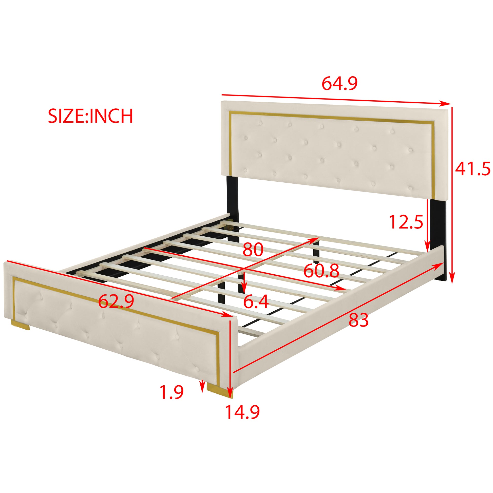 Queen Size Upholstered Platform Bed With Pull Point Headboard And Metal Wire Frame At The Head And Foot Of The Bed, Metal Feet, Velvet, Beige Queen Beige Mdf Lvl