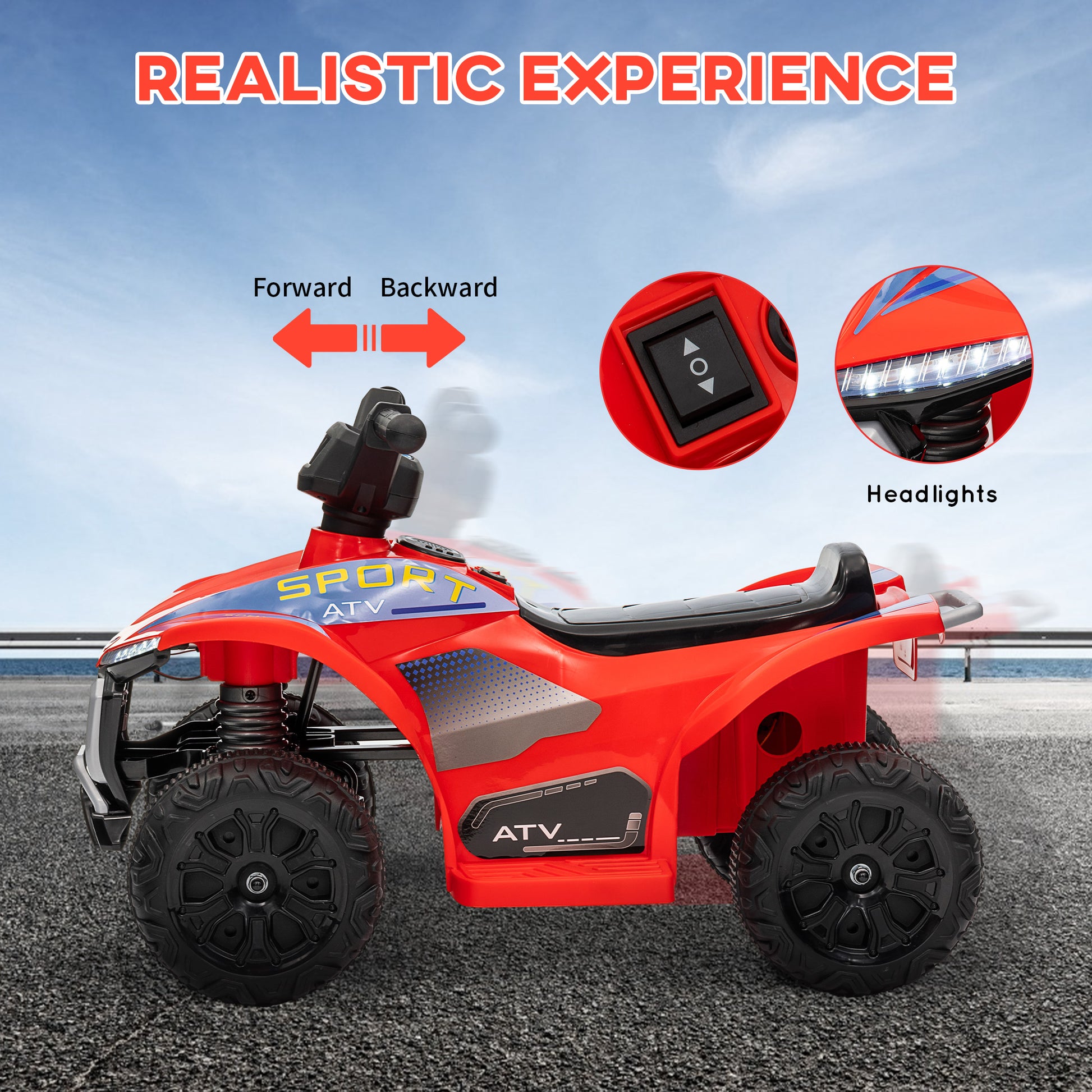 Qaba Kids Atv Quad, 6V Ride On Toy With 1.6Mph Max Speed, Rechargeable Battery, 4 Wheeler Battery Powered With Lights, Forward & Reverse For Toddlers, Red Red Polypropylene