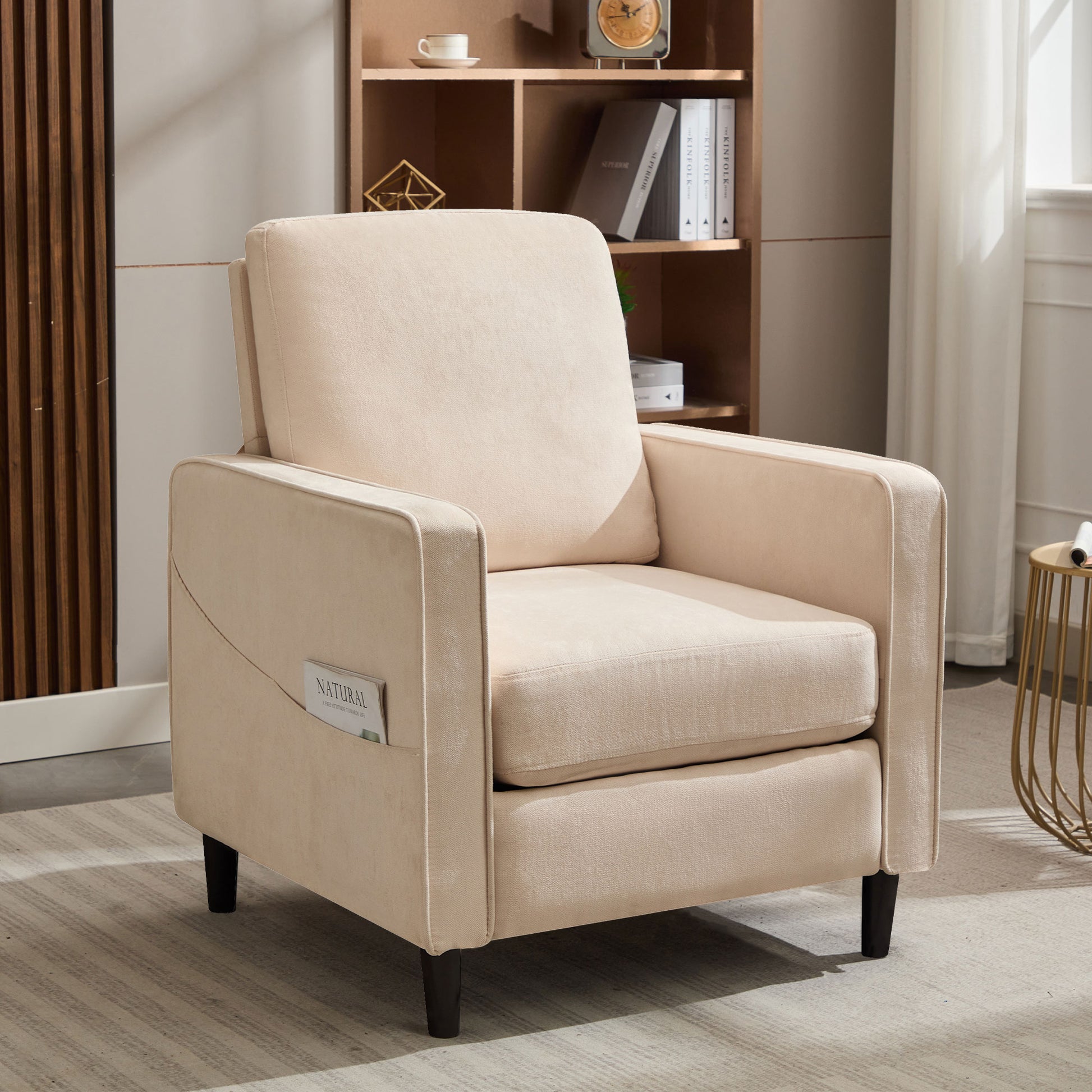 Mid Century Accent Chair ,Modern Linen Fabric Armchair For Living Room,Double Side Pockets, Comfortable And Padded Reading Feature Sofa Chair, Suitable For Bedrooms, Living Rooms, And Offices,Beige Beige Linen