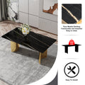 Table And Chair Set.The Table Has A Glass Top With Imitation Marble Pattern Stickers And Stainless Steel Golden Legs. Paried With Chairs With Pu Artificial Leather Backrest Cushions And Black Legs. Black Gold Seats 6 Glass Metal