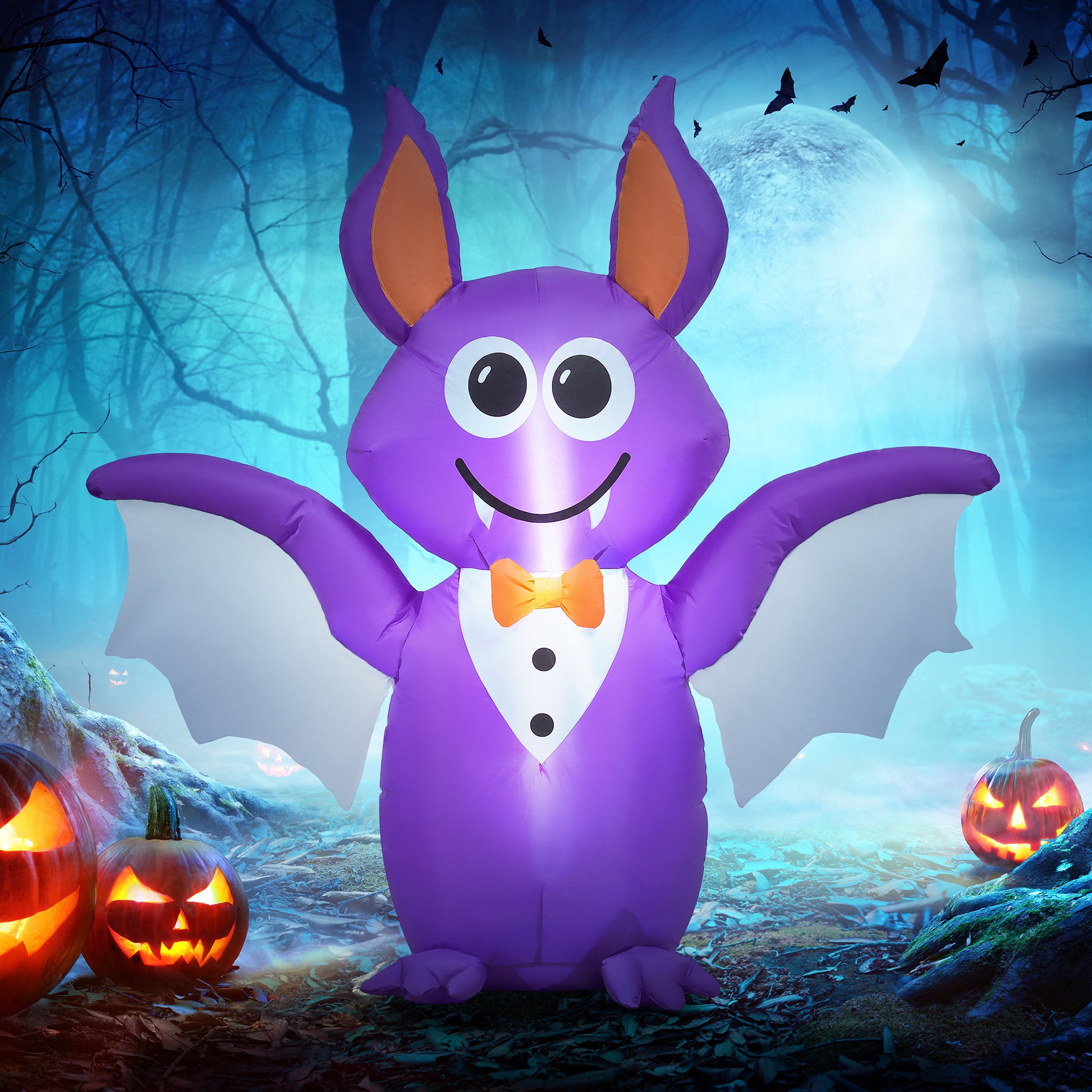 Outsunny 6Ft Inflatable Halloween Decoration Bat, Blow Up Outdoor Led Yard Display, Waterproof Purple Polyester