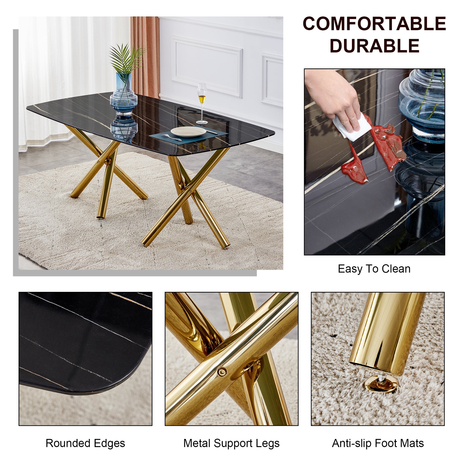 Large Modern Minimalist Rectangular Dining Table With 0.39 "Imitation Marble Black Desktop And Gold Metal Legs, Paired With 8 Chairs With Pu Cushions And Black Metal Legs.F 1538 C 007 Black Gold Glass Metal