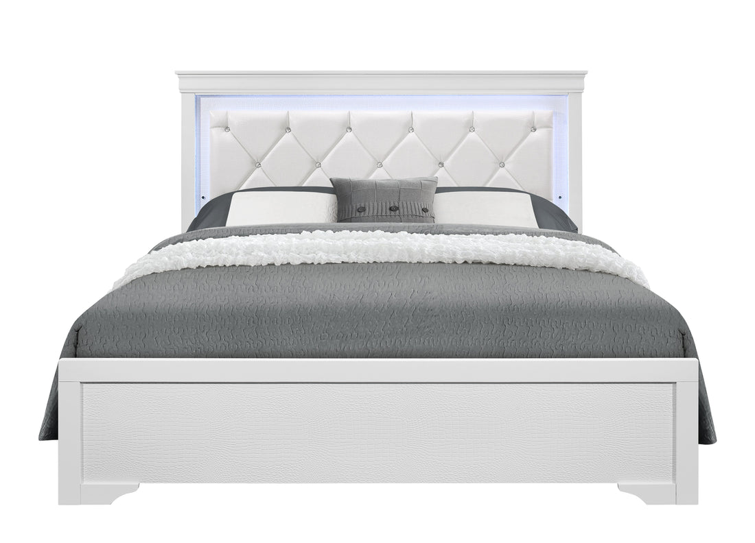 Shaker Crocodile Metallic White King Bed With Led White Solid Wood Mdf