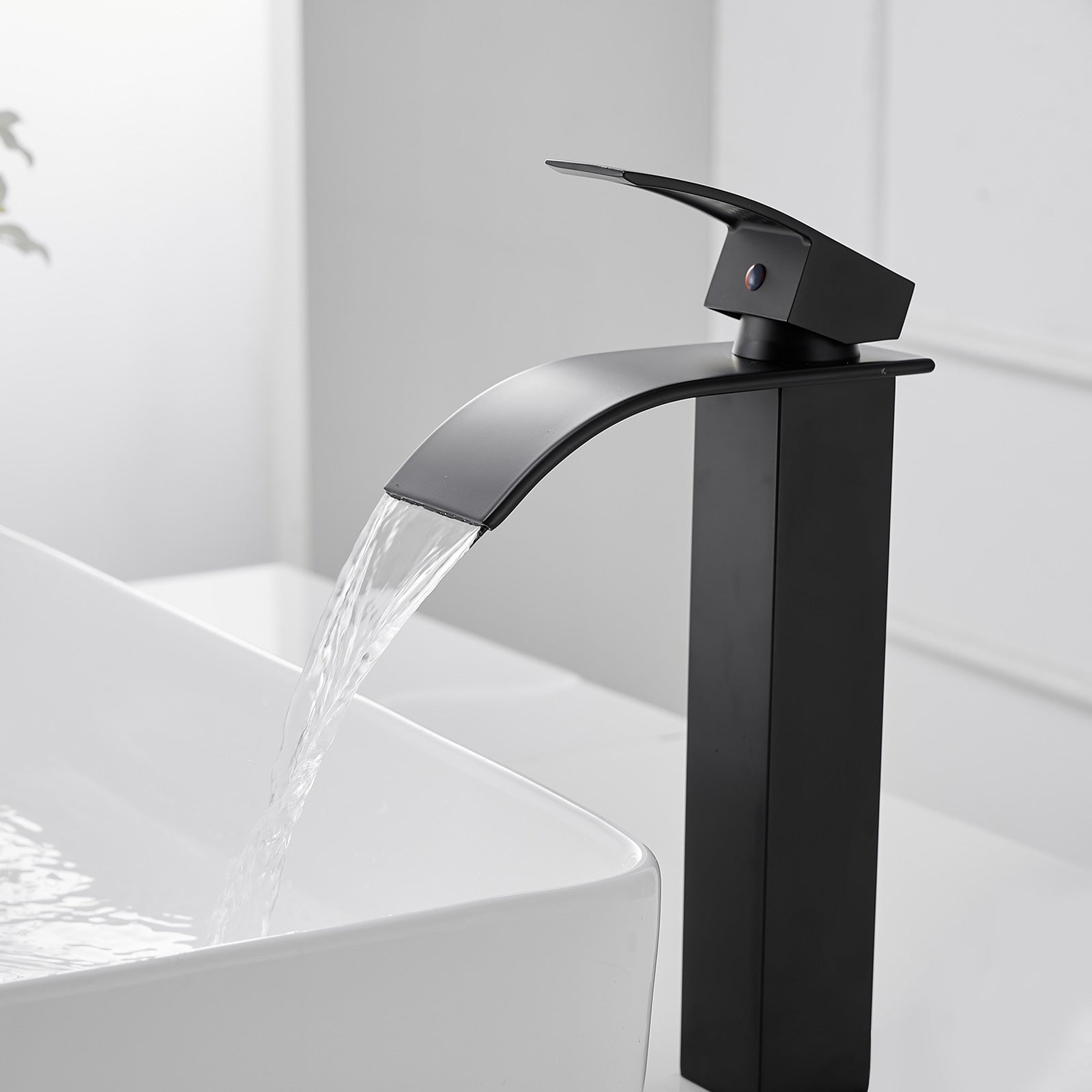 Matte Black Waterfall Single Handle Low Arc Bathroom Faucet With Drain Matte Black Brass