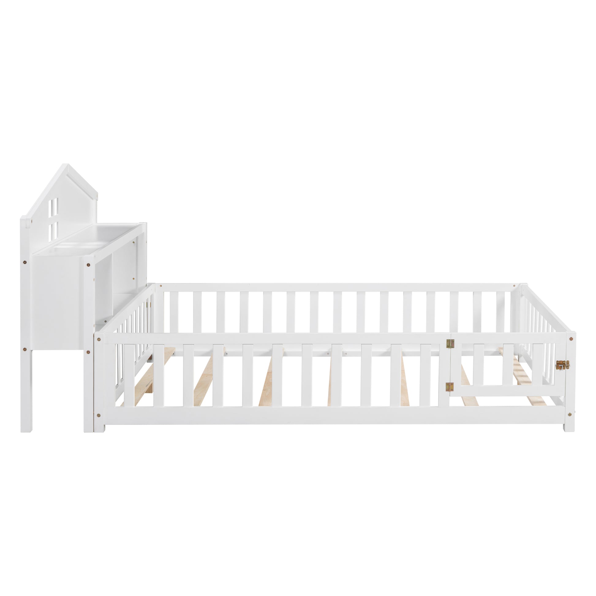 Full Size Floor Beds With Bookcases And Blackboards, Versatile Platform Beds With Guard Rails, Solid Wood Floor Beds With Storage Headboards, Floor Beds For Kids And Teens White Full White Plywood