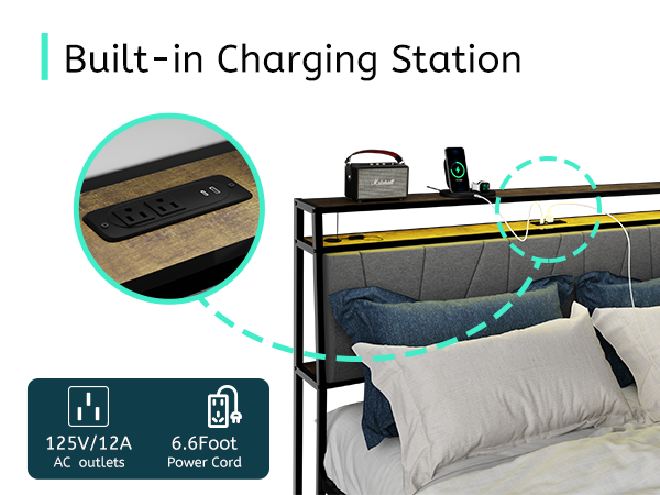 Queen Bed Frame With Storage, Ergonomic Headboard, Bed Frame With 2 Storage Drawers, Built In Charging Station & Led, Outlets & Usb, Queen Size, Noise Free, No Box Spring Needed, Rustic Brown Box Spring Not Required Queen Rustic Brown Metal Brown Bedroom