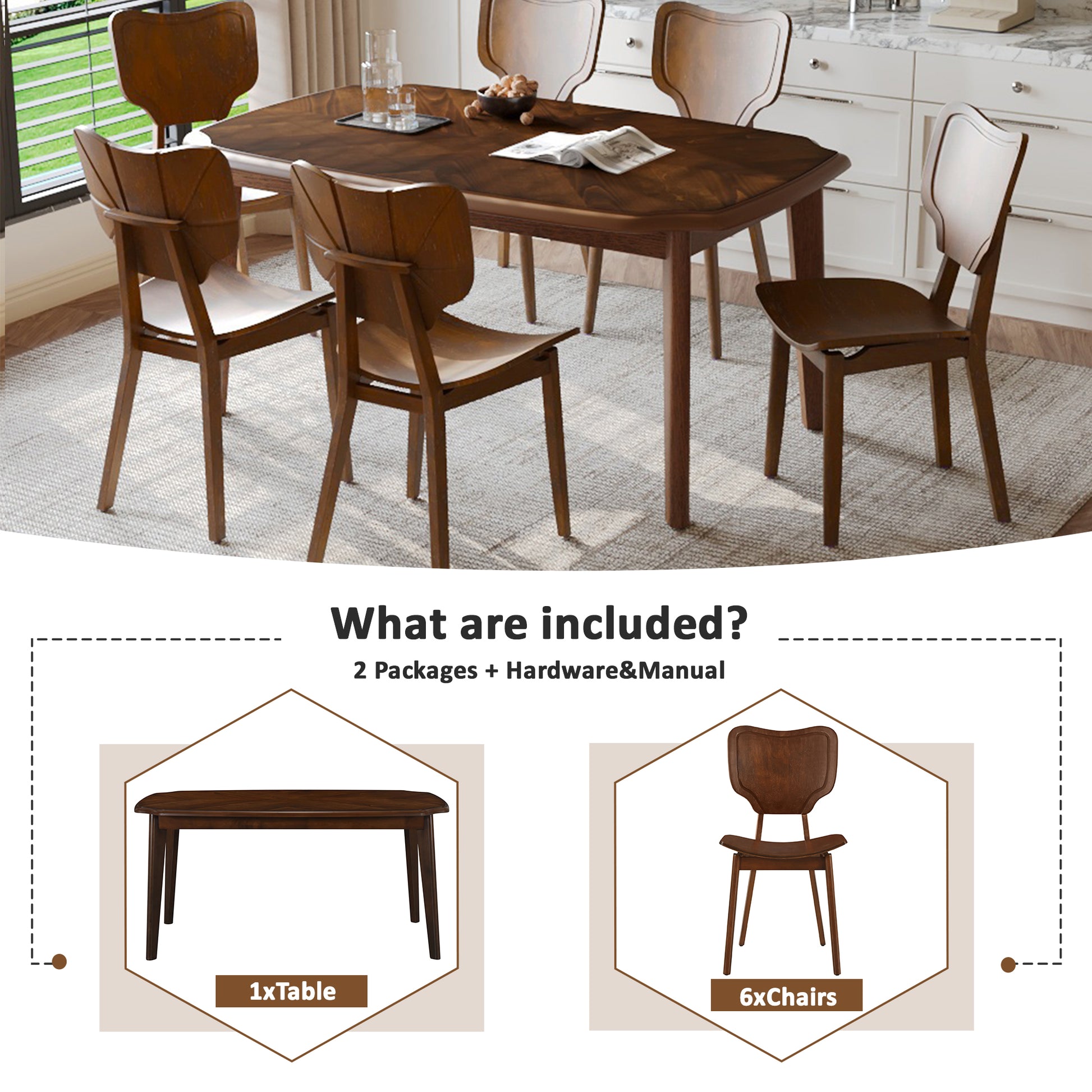 Vintage 7 Piece Dining Table Set With 6 Dining Chairs,Kitchen Table Set For 6 With Curved Back And Seat, Espresso Wood Dining Room Solid Wood Rubberwood Rectangular Dining Table With Chair Upholstered Chair Wood Espresso Seats 6 Farmhouse Curved 4 Leg