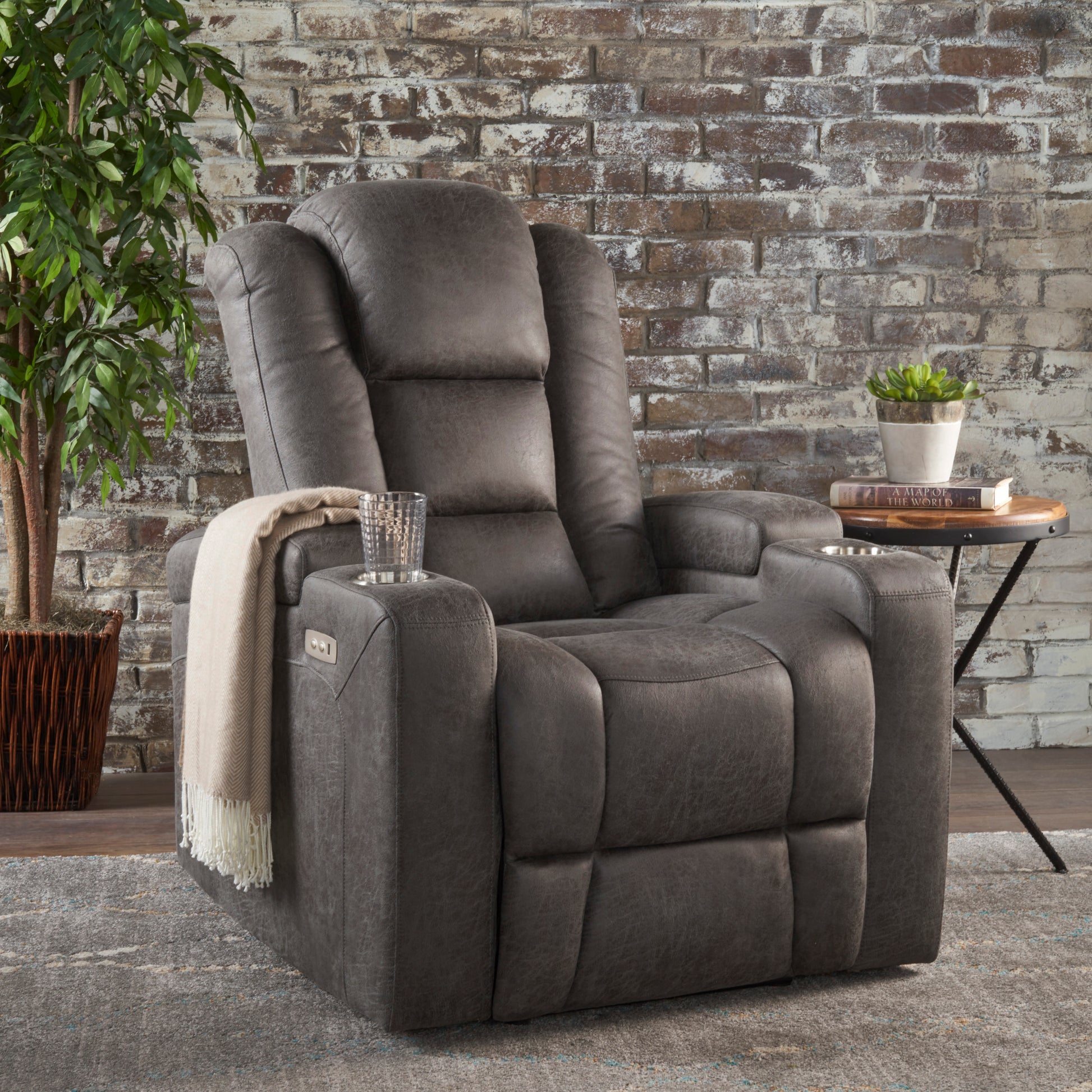 33" Wide Power Standard Recliner Chair With Arm Storage With Usb Slate Microfiber