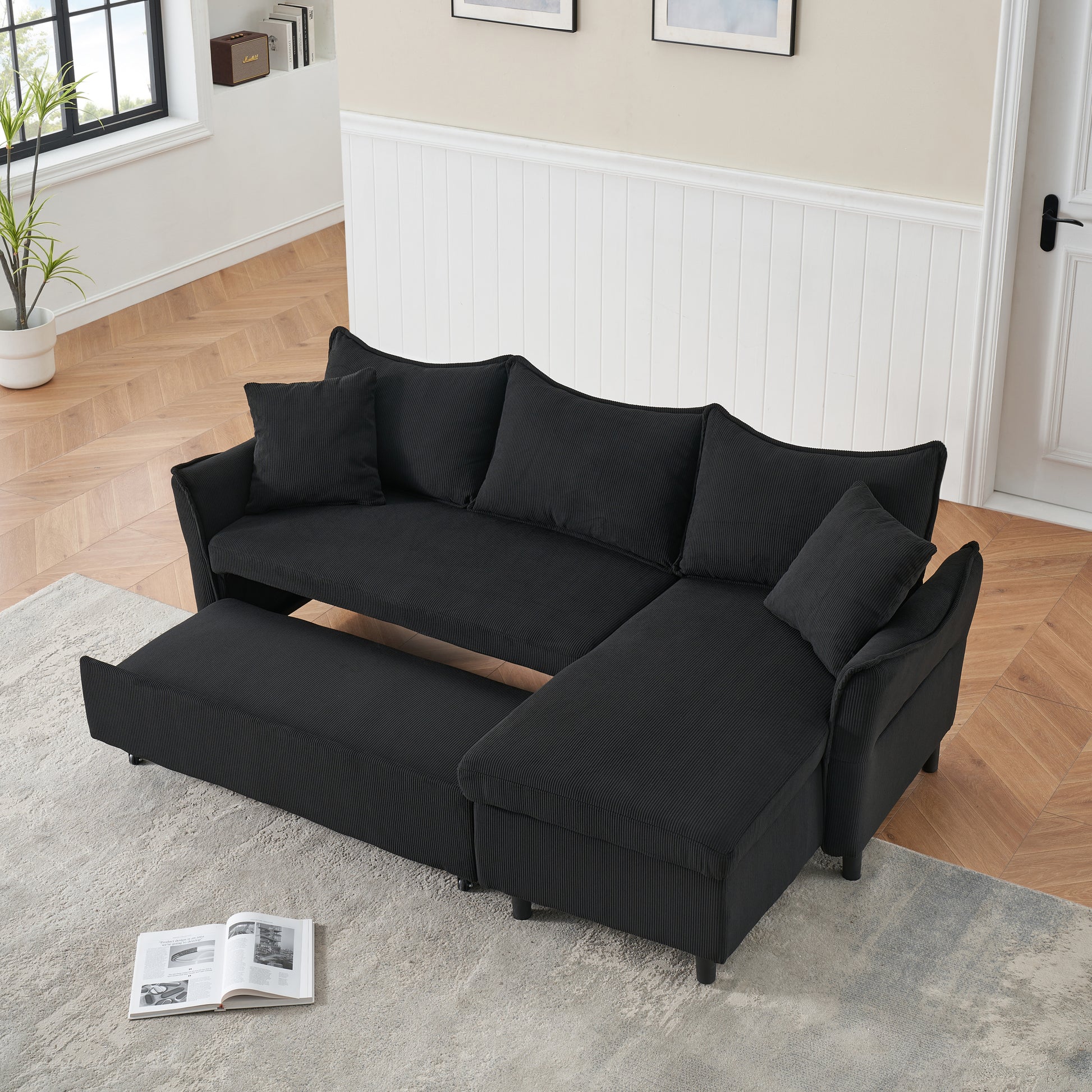 This 80 Inch Black Corduroy L Shaped Sofa Comes With Two Small Throw Pillows That Can Be Converted Into A Sofa Bed For Storage Black Corduroy 3 Seat