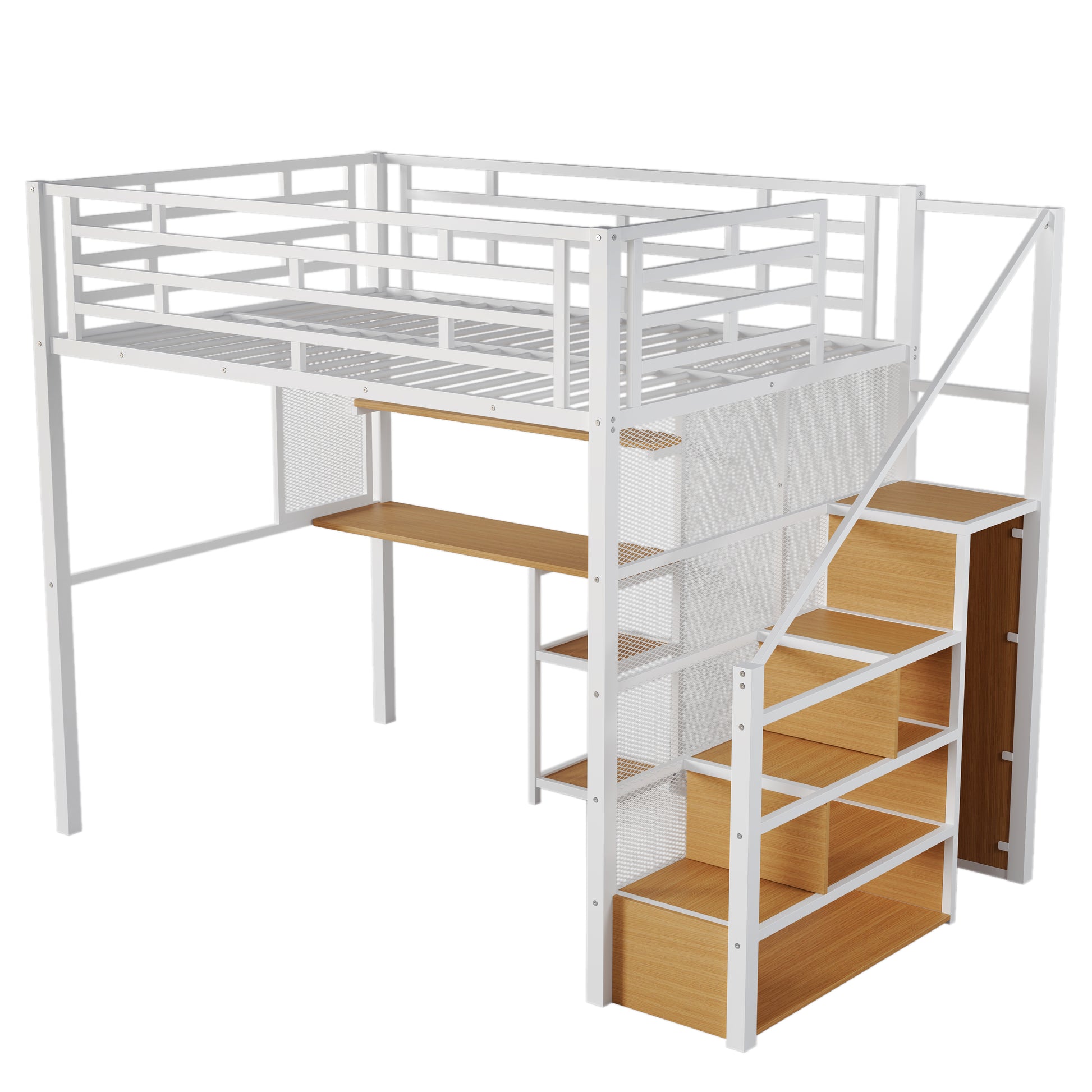 Full Size Metal Loft Bed With Wardrobe, Desk, Storage Shelves, White Expected Arrival Time: 10.3 Box Spring Not Required Full White Metal Mdf Metal