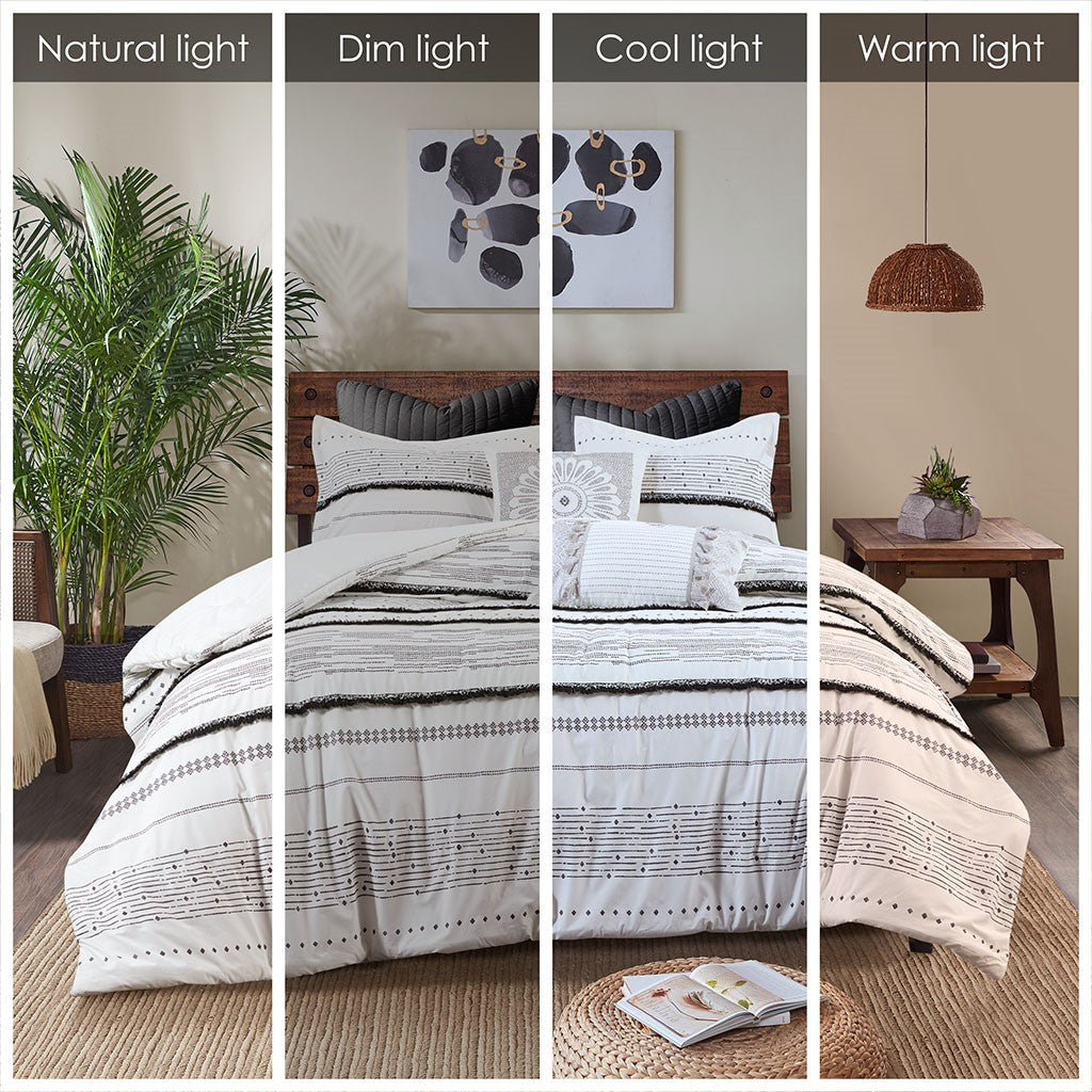 Cotton Printed Comforter Set With Trims Black White Full Queen Queen White Black Cotton