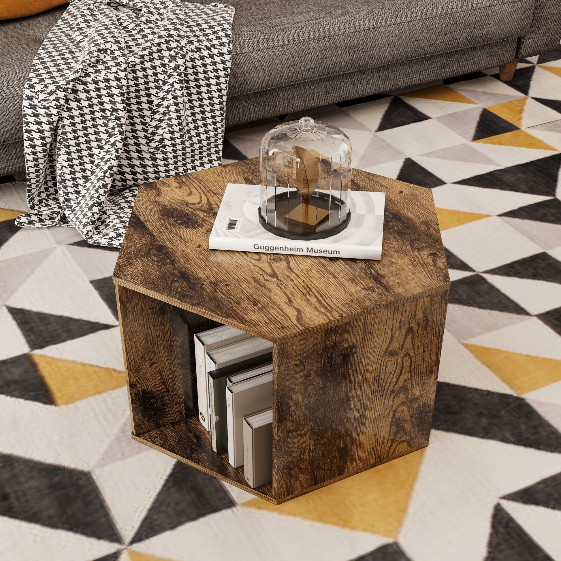 23.62'' Hexagonal Coffee Table Side Table Nightstand Antique Wood Antique Brown Mdf
