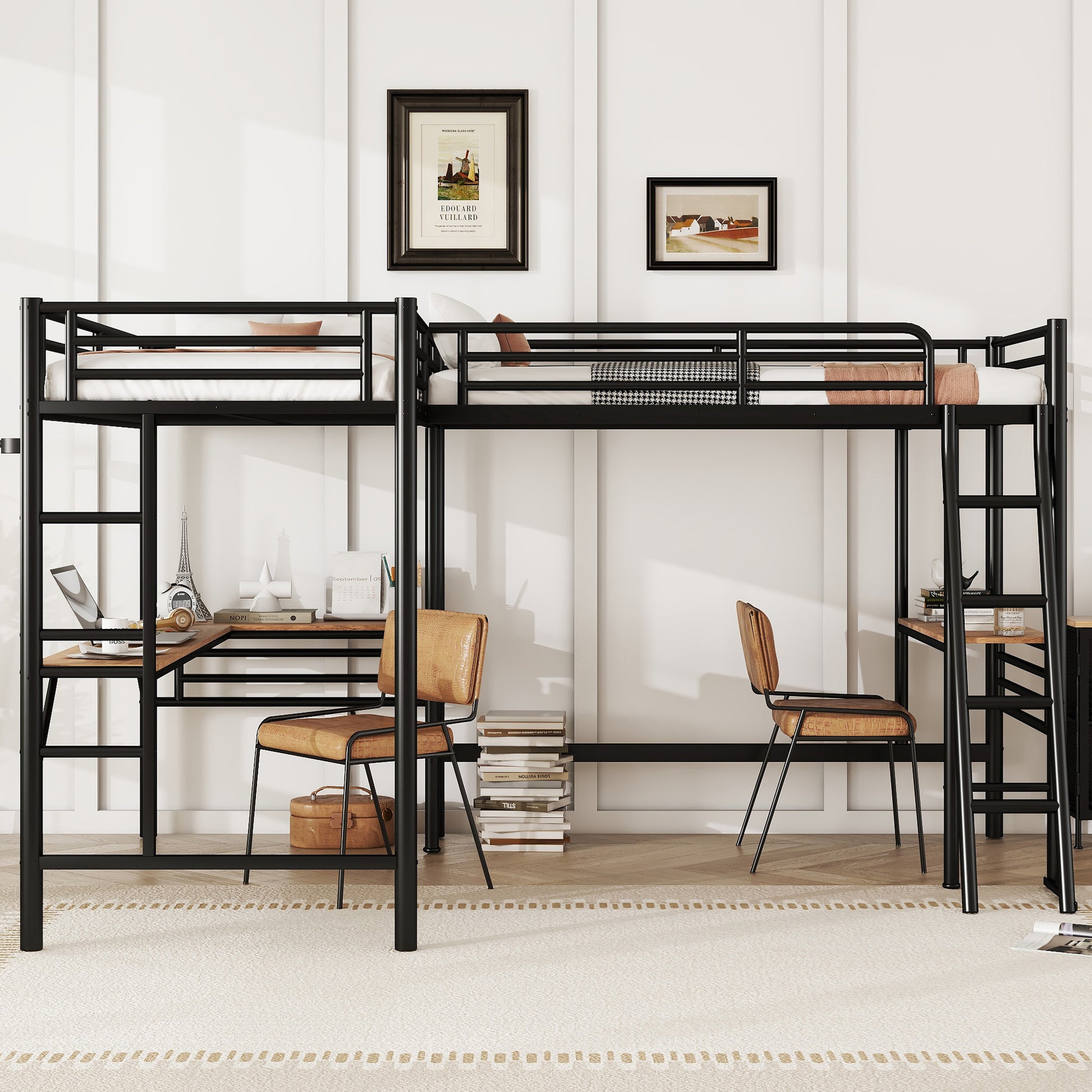 Twin Size Metal Loft Bed With Two Built In Desks,Black Twin Black Metal