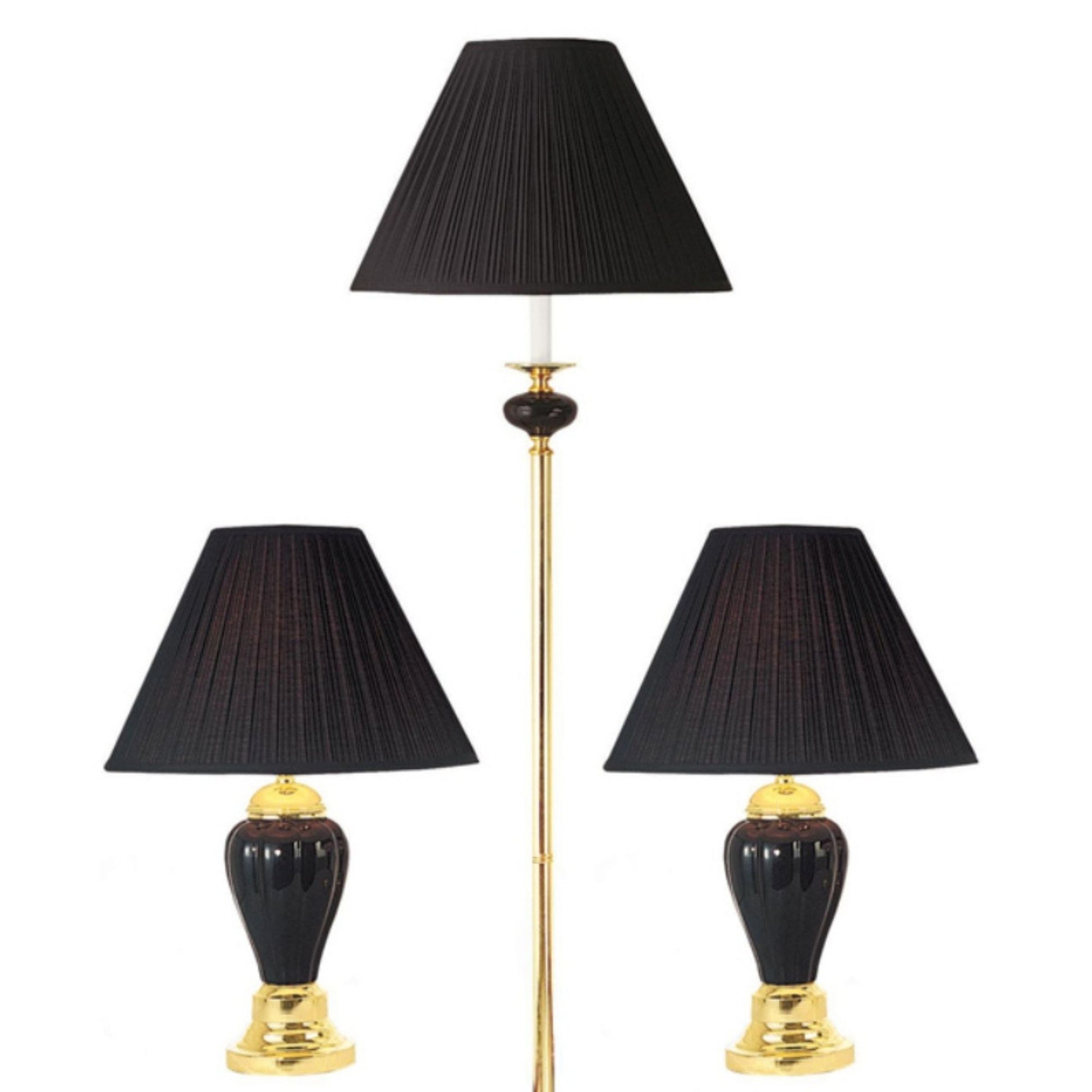 3 Piece Ceramic Lamp Set, Floor And Table Lamps, Black Finish Black Ceramic