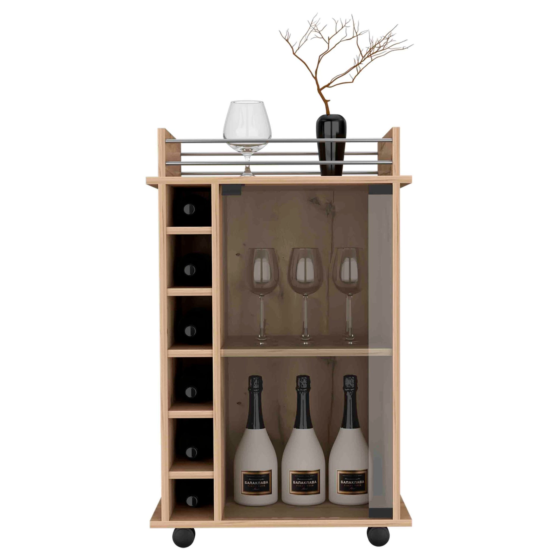 Bar Cart, Glass Door, Four Casters, Two Shelves, Light Oak Beige Particle Board Particle Board