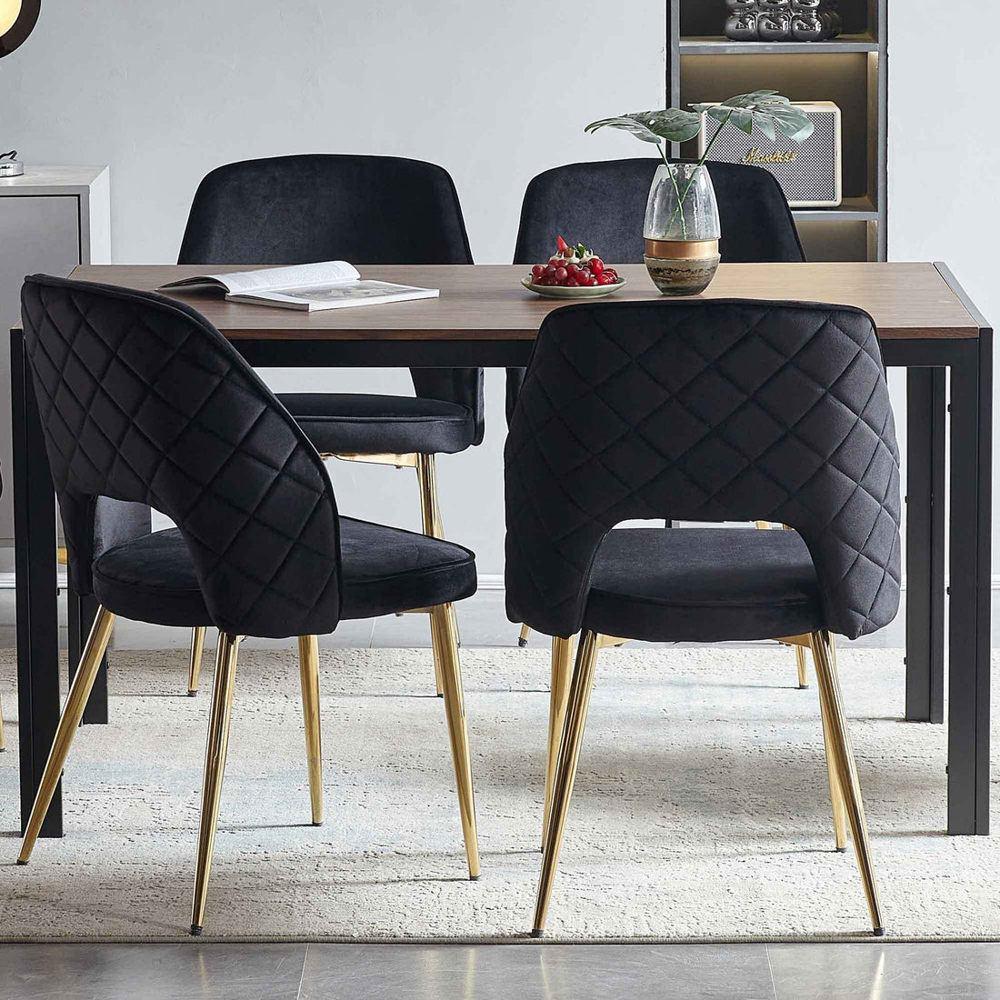 Black Velvet Dining Chairs With Metal Legs And Hollow Back Upholstered Dining Chairs Set Of 4 Metal Black Dining Room Foam Dry Clean Modern Dining Chairs Velvet