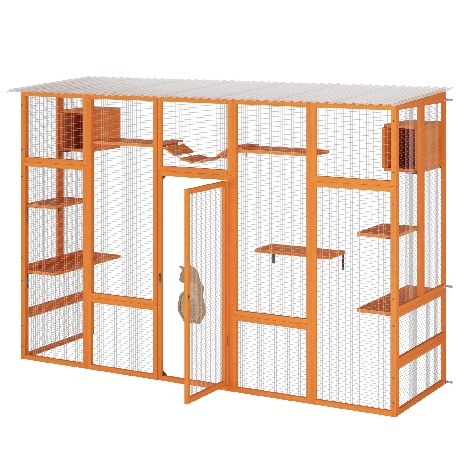 Wooden Cat Enclosure With 6 Jumping Platforms, 2 Cat Condos, Cat Bridge And Scratching Board, Orange Orange Pine