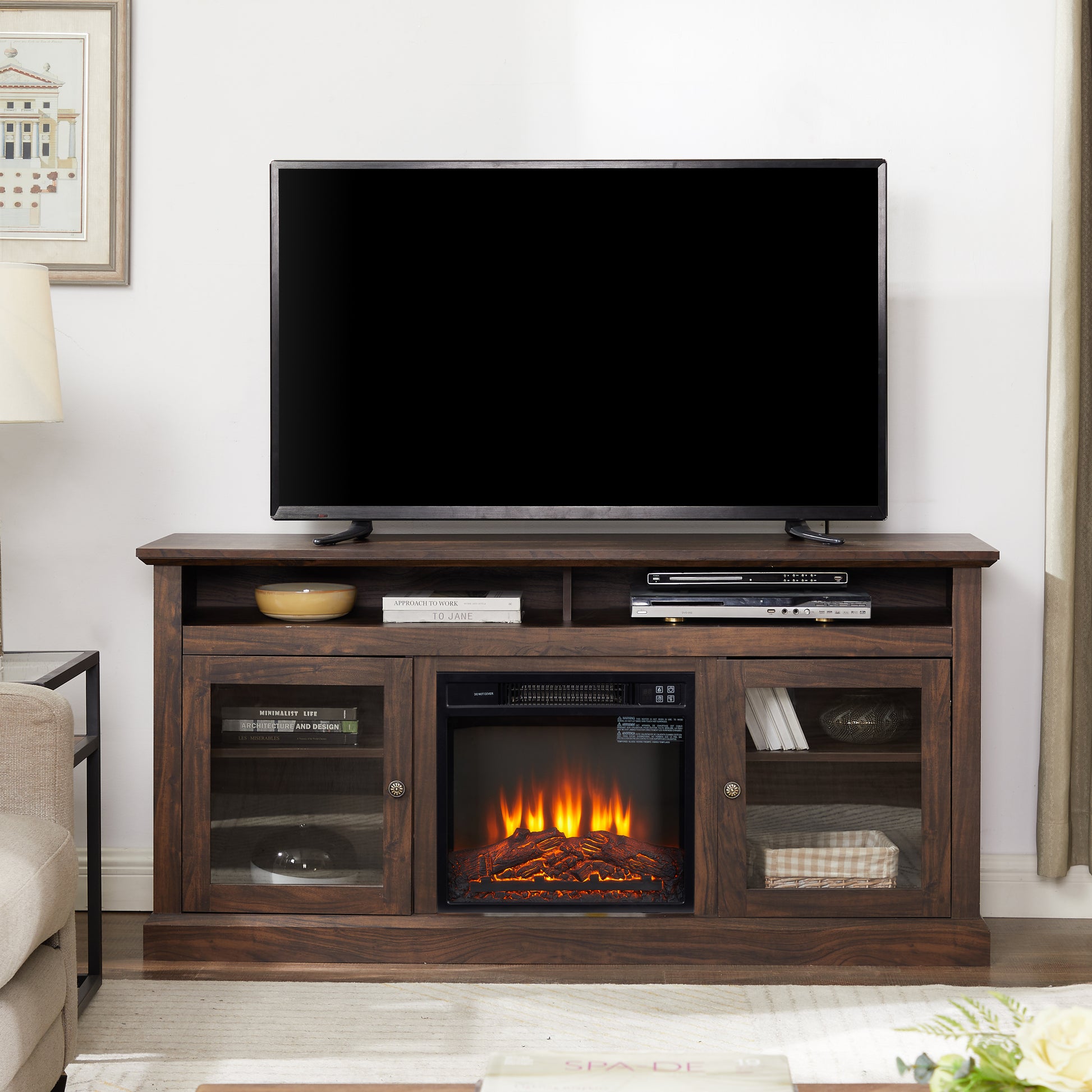 Modern Tv Stand Tv Media Stand Modern Entertainment Console With 18" Fireplace Insert For Tv Up To 65" With Open And Closed Storage Space, Brown, 60"W*15.75"D*29"H Brown 60 69 Inches Mdf