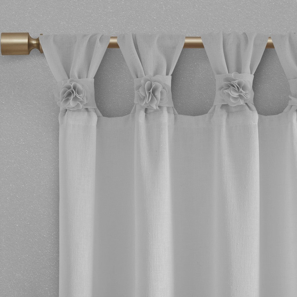 Floral Embellished Cuff Tab Top Solid Curtain Panel Only 1 Pc Panel Grey Linen