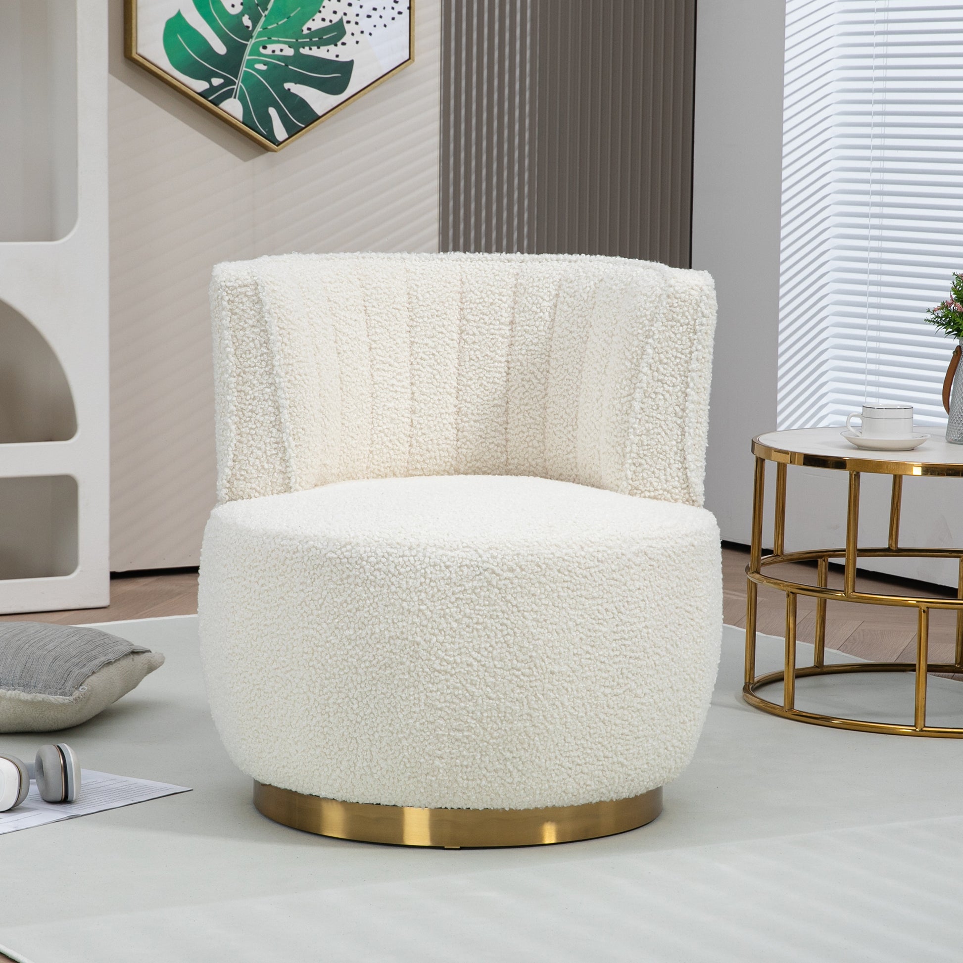 Coolmore 360 Degree Swivel Cuddle Barrel Accent Sofa Chairs, Round Armchairs With Wide Upholstered, Teddy Fabric Chair For Living Room, Bedroom, Office, Waiting Rooms White Foam Teddy