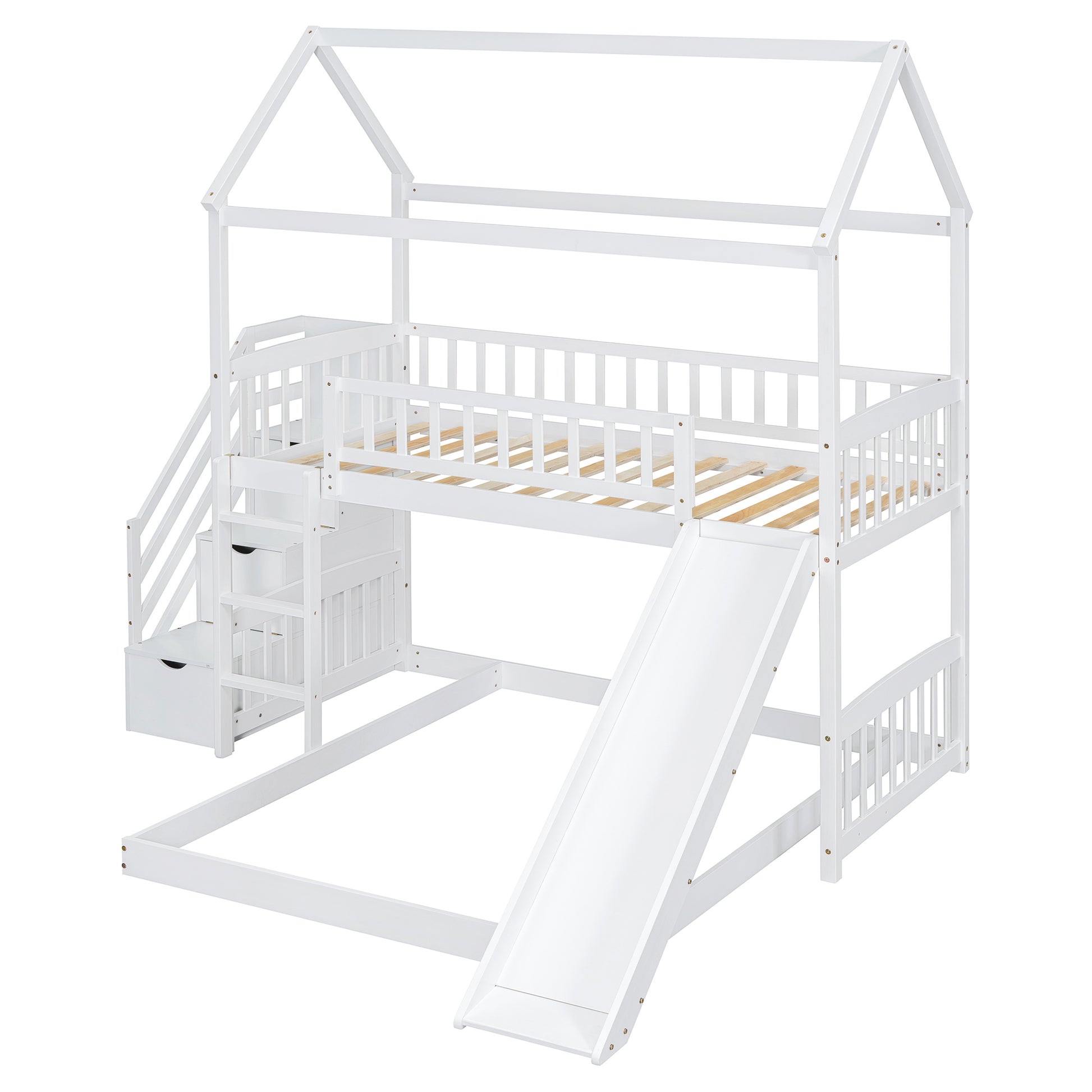 Twin Over Twin Bunk Bed With Two Drawers And Slide, House Bed With Slide, White Old Sku :Lt000129Aak White Pine