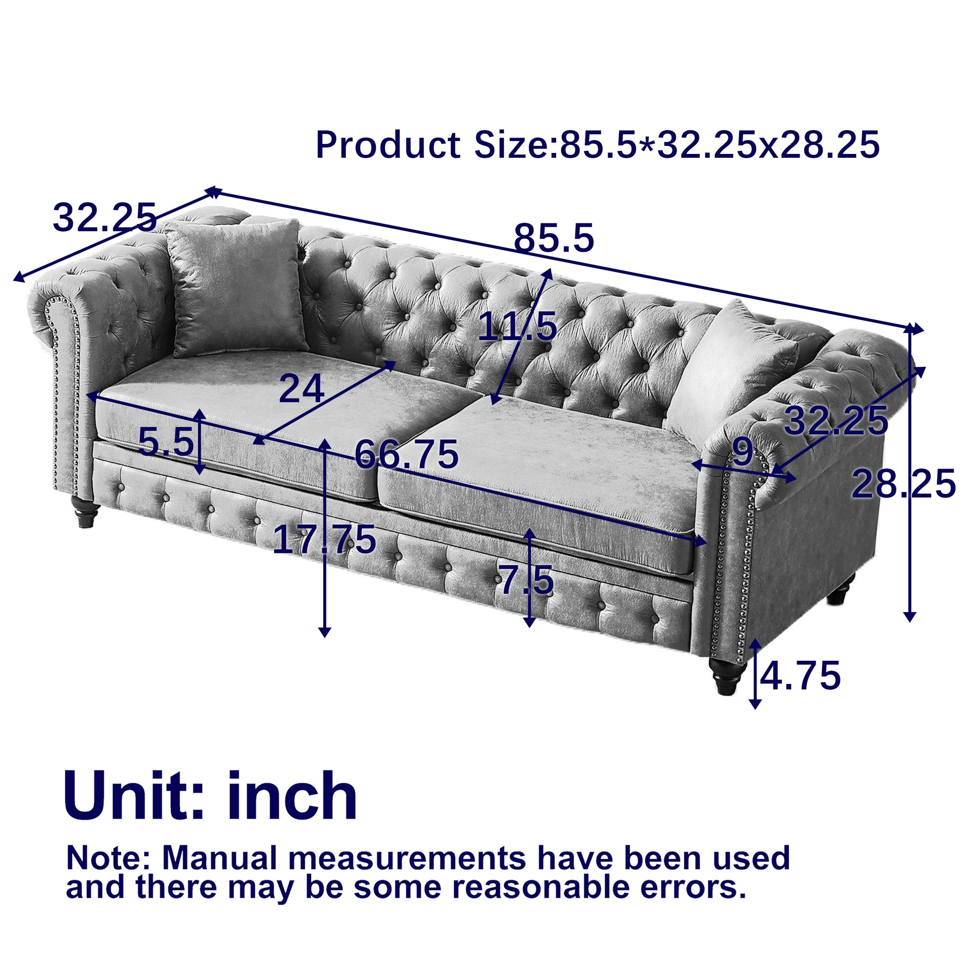 Fx 85.5"Living Room With Tech Fabric Chesterfield Sofa With Rolled Arms 3 Seater Sofa With Button Design And 2 Cushions For Apartment, Office, Living Room Brown Polyester Wood Primary Living Space Pine Foam Fabric 3 Seat