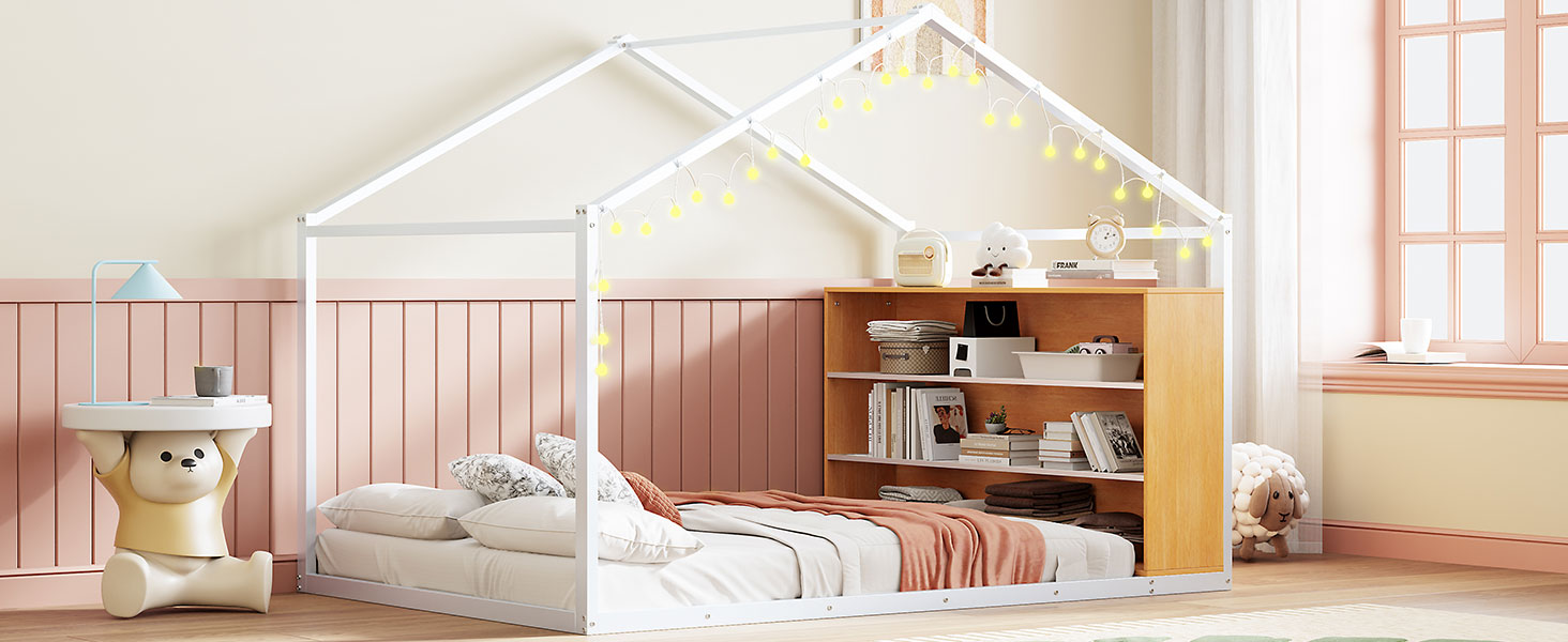 Full Size Metal Bed House Bed Frame With Shelves And Lights, White Full White Metal & Wood