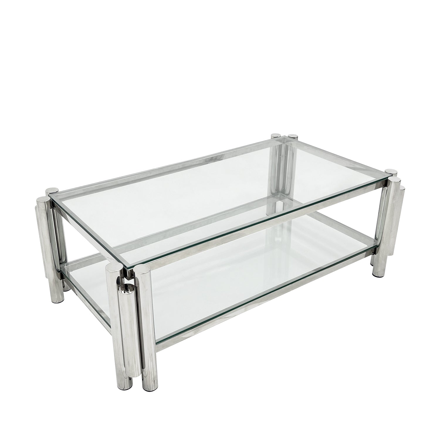 47" Wide Rectangle Modern Stainless Steel Coffee Table, Double Layer Clear Tempered Glass Coffee Table, Center Table With Storage, For Living Room Home Office, Easy Assembly, Silver Clear,Silver