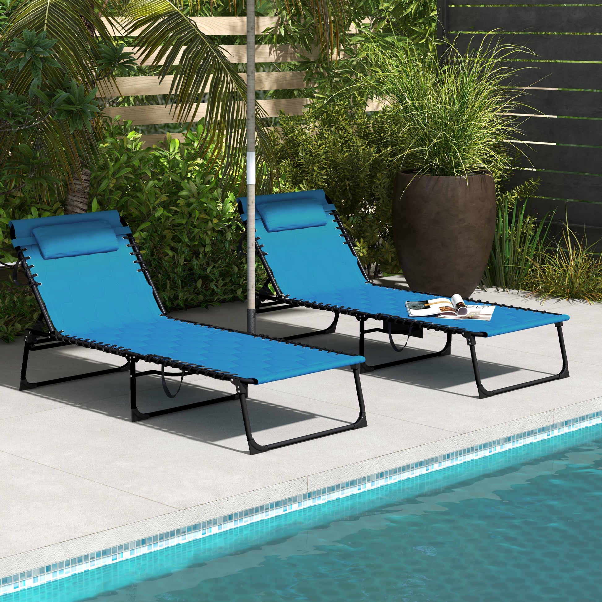 Outsunny Folding Chaise Lounge Set With 5 Level Reclining Back, Outdoor Lounge Tanning Chair With Padded Seat, Side Pocket & Headrest For Beach, Yard, Patio, Sky Blue Blue Steel
