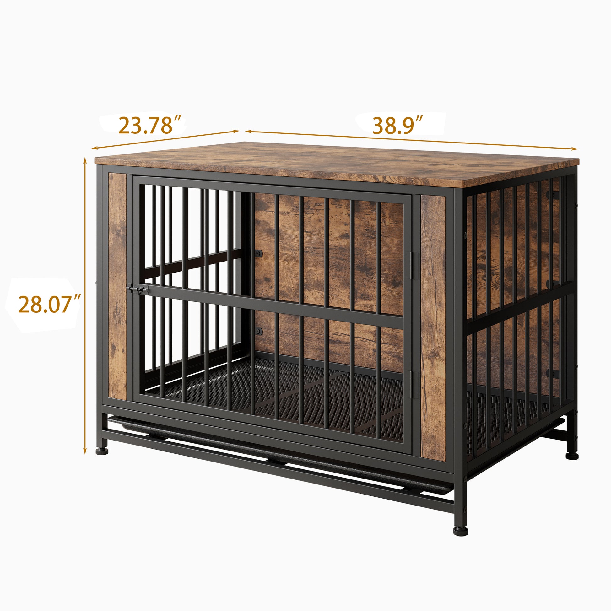 Dog Crate Furniture, Wooden Dog Crate Table, 38.9" Dog Kennel With 2 Sliding Doors And Thick Iron Door Frame, Decorative Pet Crate House For Large Medium Small Dog Indoor Use Rustic Brown Black Brown Large 41 70 Lbs Mdf Metal