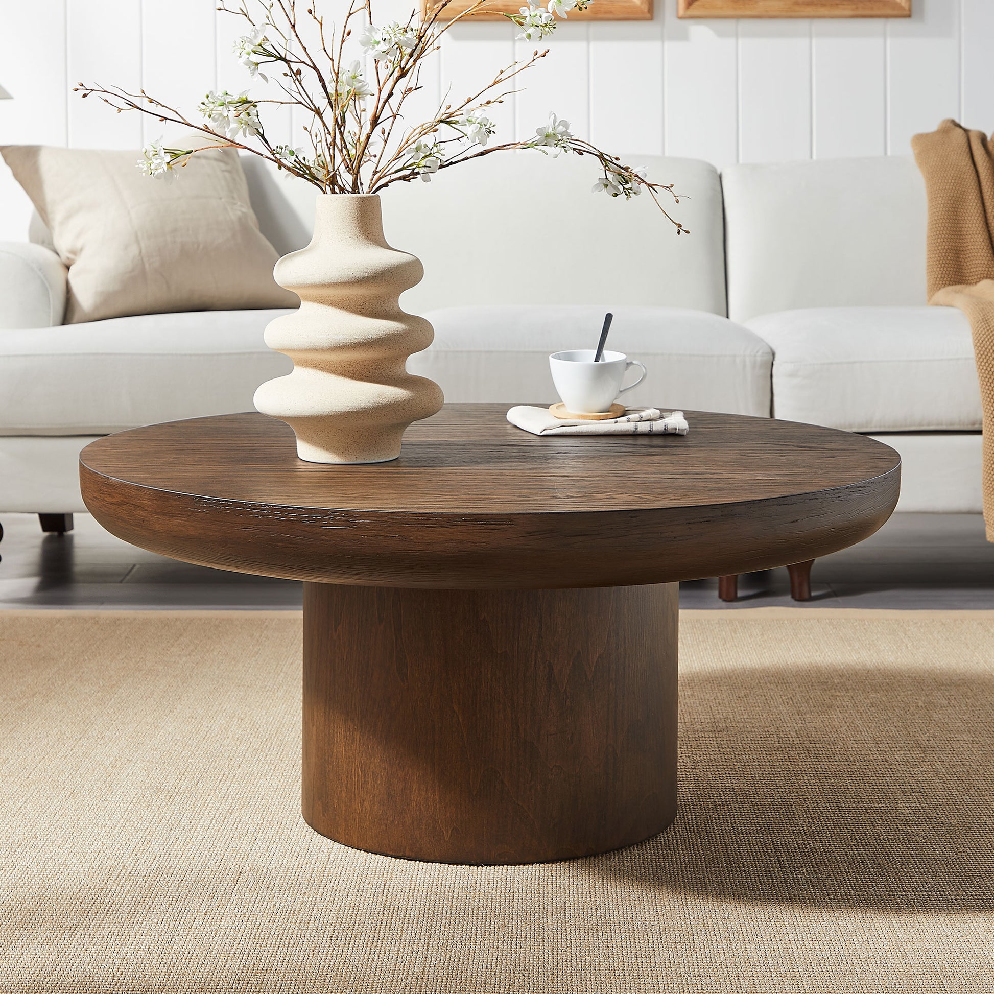 35.98Inch Round Coffee Table With Cylindrical Leg,Wood Veneer Tabletop Table,Rounded Sofa Side Table For Living Room Office,Brown Dark Brown Mdf